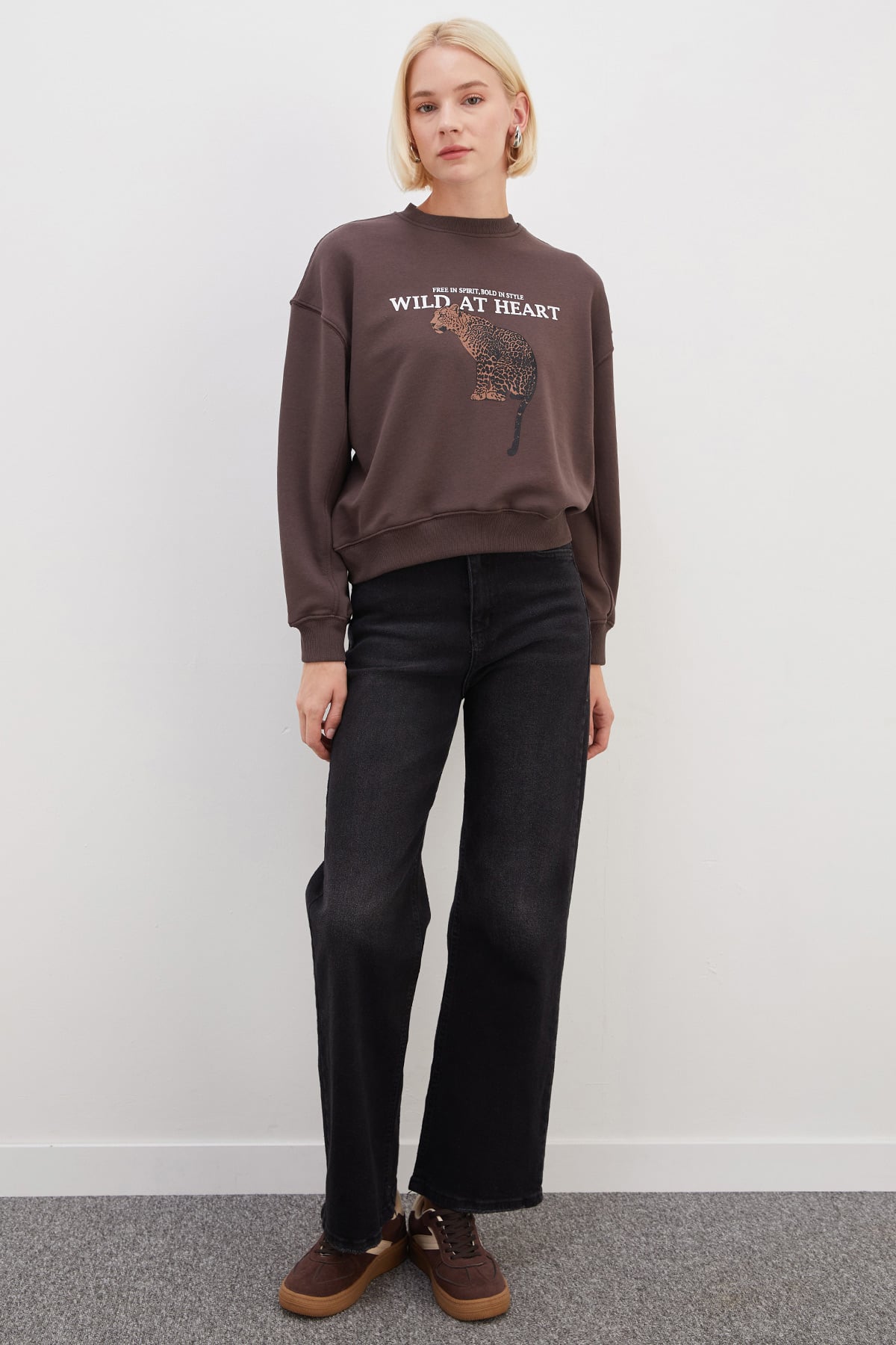 3 İplik Şardonsuz Kaplan Baskılı  Oversize Sweatshirt 5
