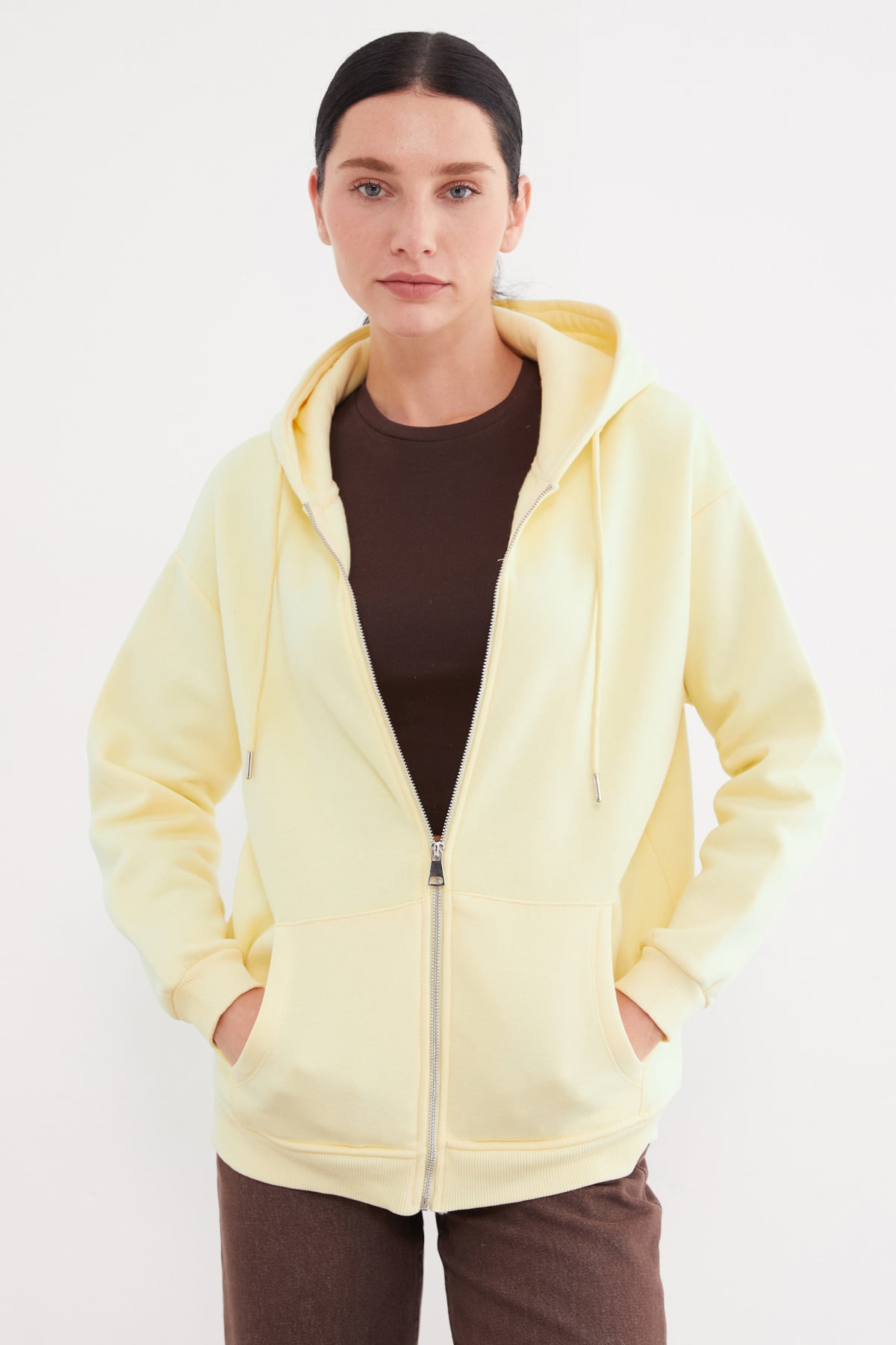 Basic Fermuarlı Kapüşonlu Oversize Sweatshirt 6