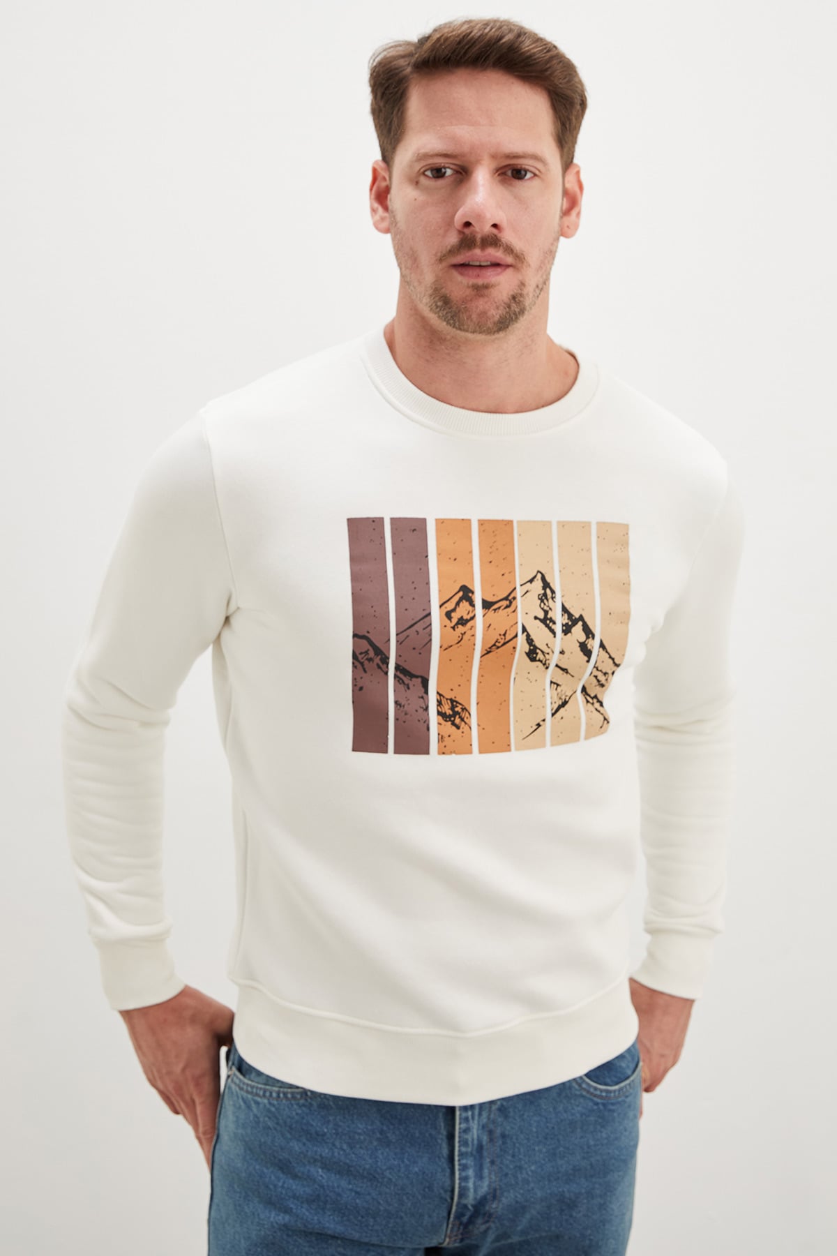 3 İplik Dağ Baskılı Bisiklet Yaka Sweatshirt 6