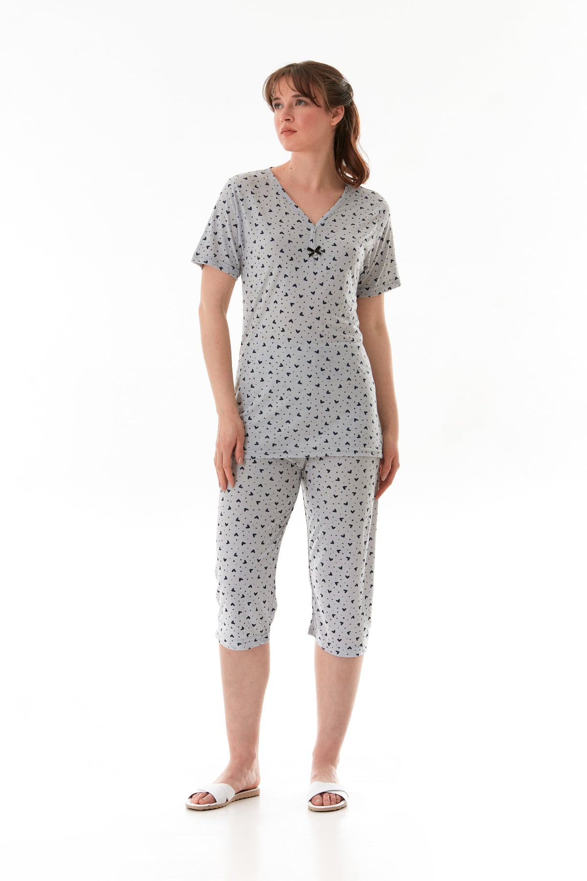 Kalp Desenli Kısa Kol Kapri Pijama Takımı