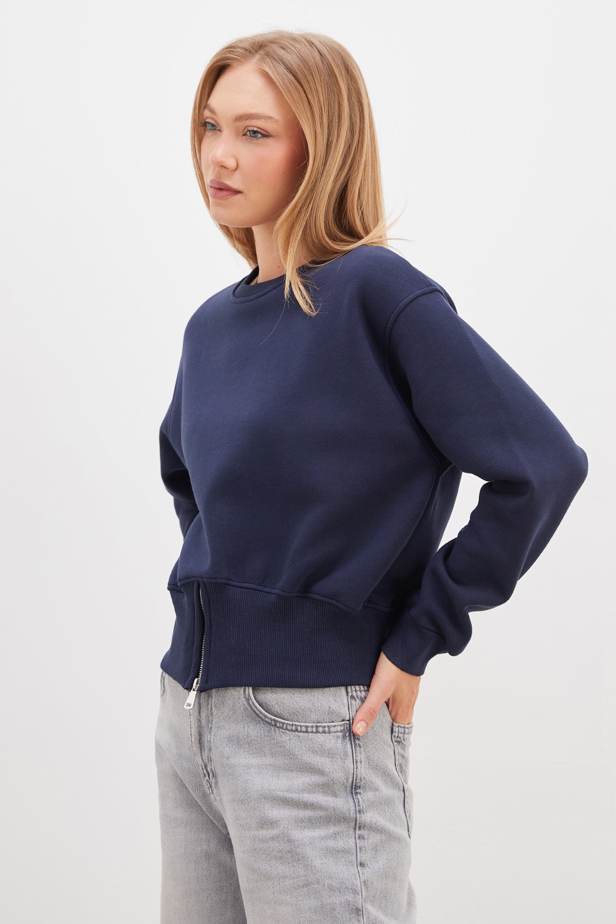 3 İplik Eteği Fermuarlı Bisiklet Yaka Crop Sweatshirt 5