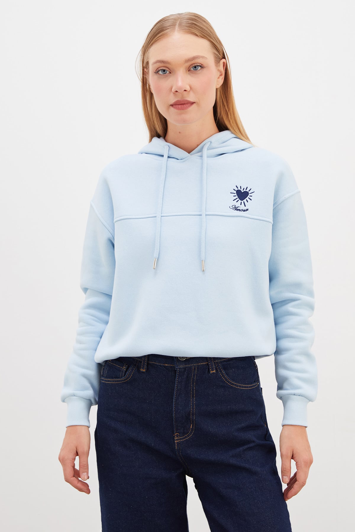 Erkek Siyah 3 İplik Kalp Nakışlı Kapüşonlu Stoperli Sweatshirt 5