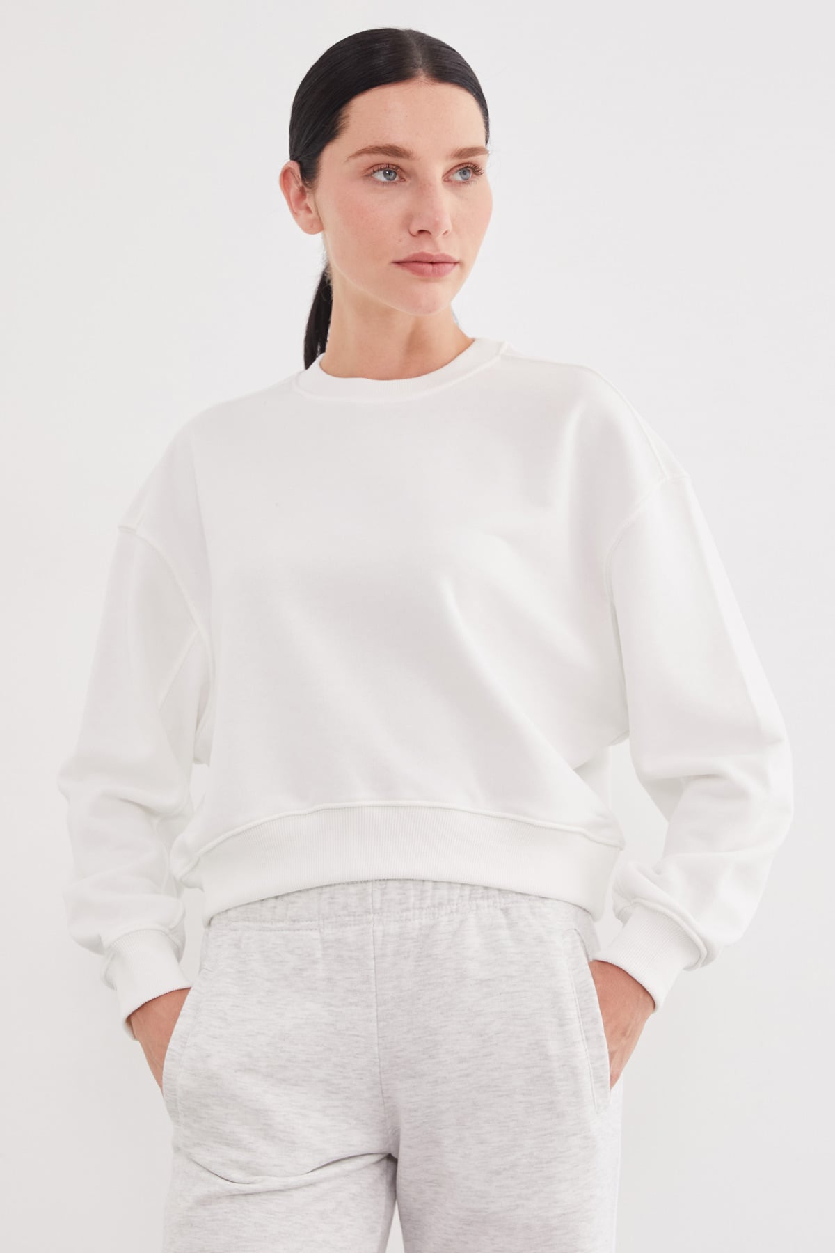 3 İplik Şardonsuz Basic Kolu Çimalı Oversize Sweatshirt
