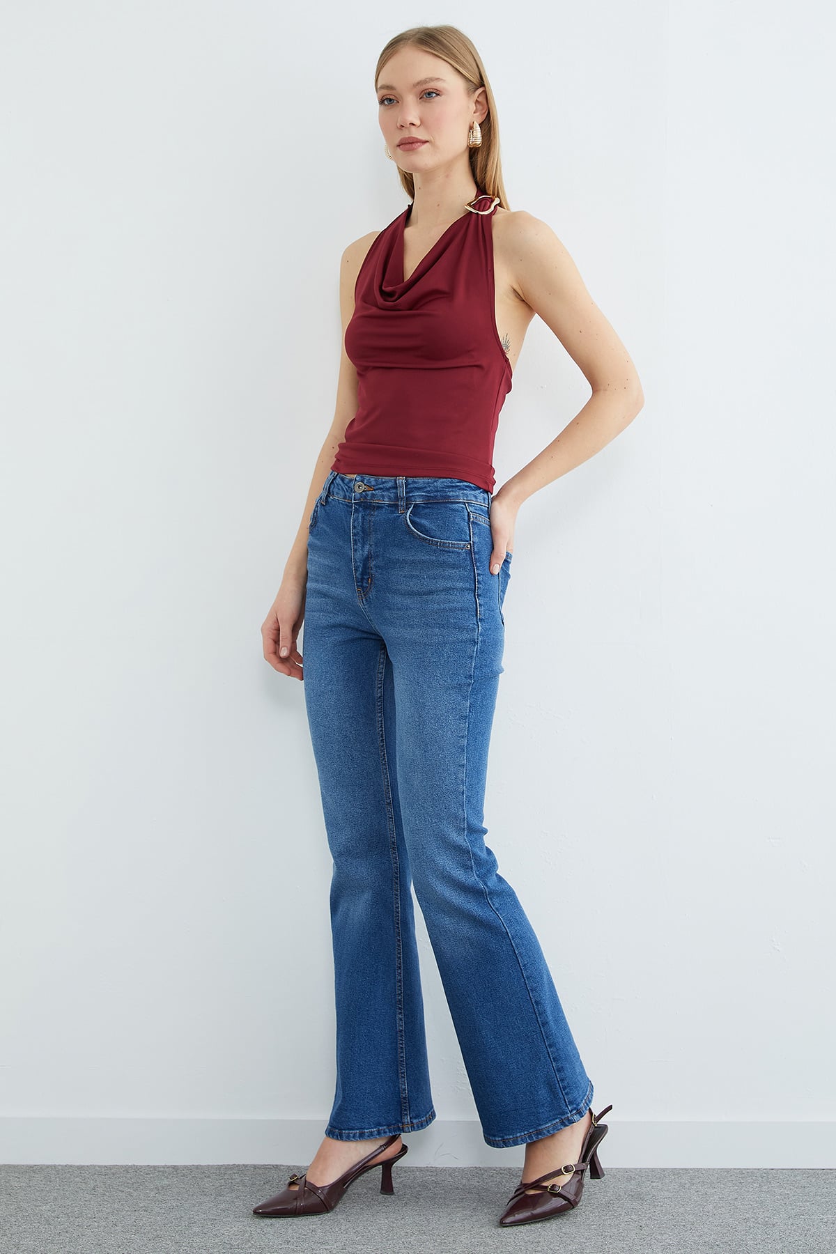 Yüksek Bel Fermuarlı Flare Jean 4