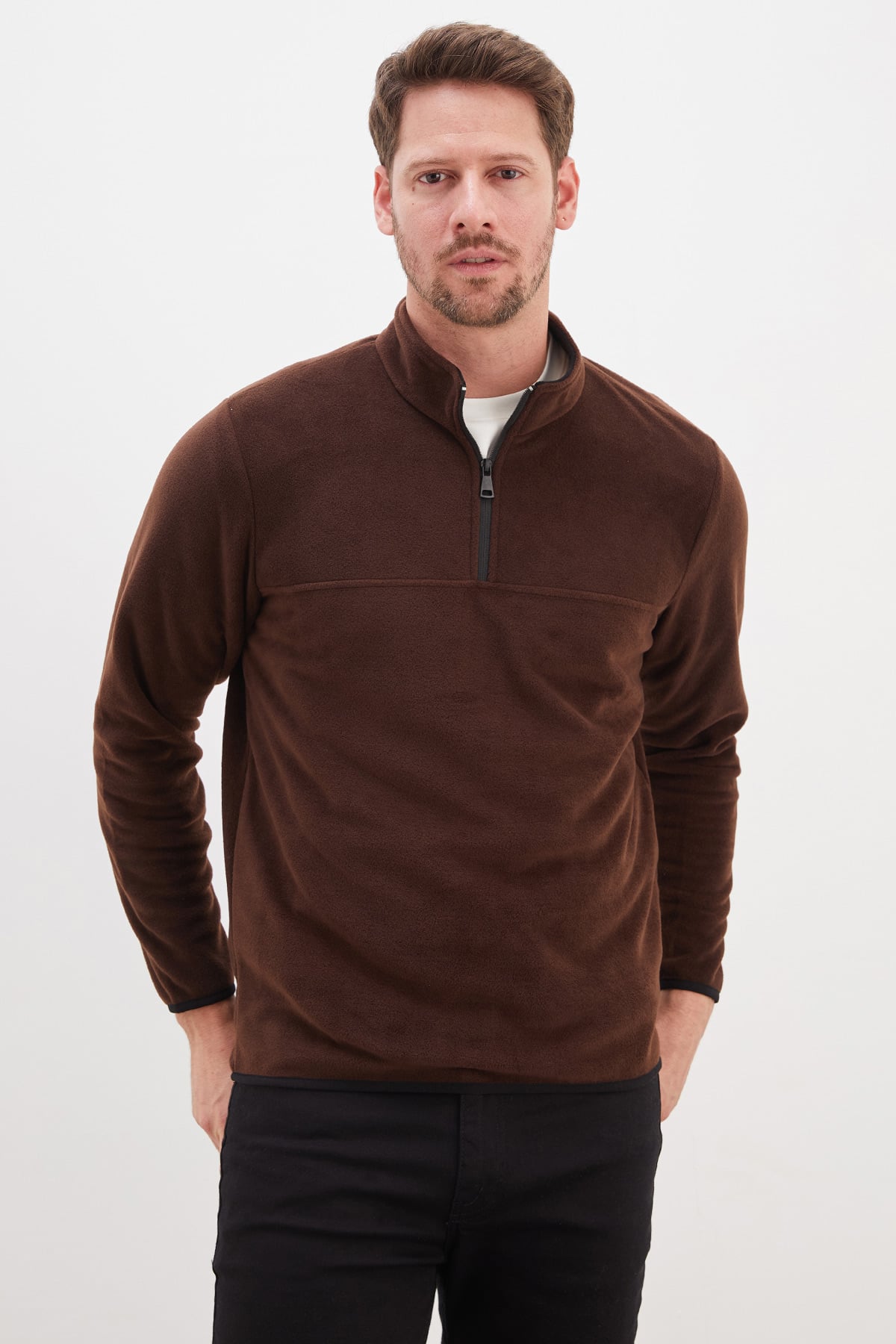 Yarım Fermuarlı Dik Yaka Polar Sweatshirt