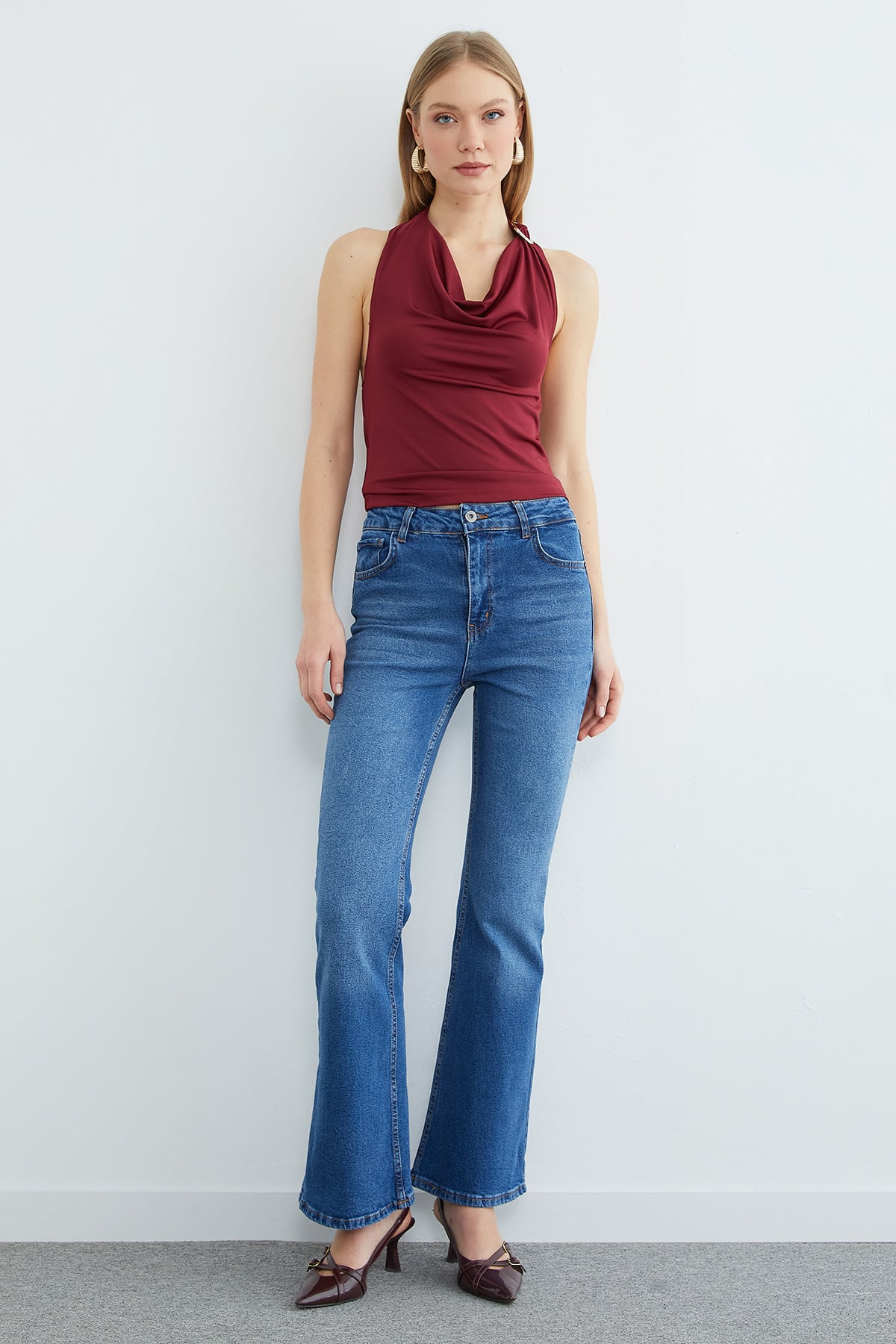Yüksek Bel Fermuarlı Flare Jean 5