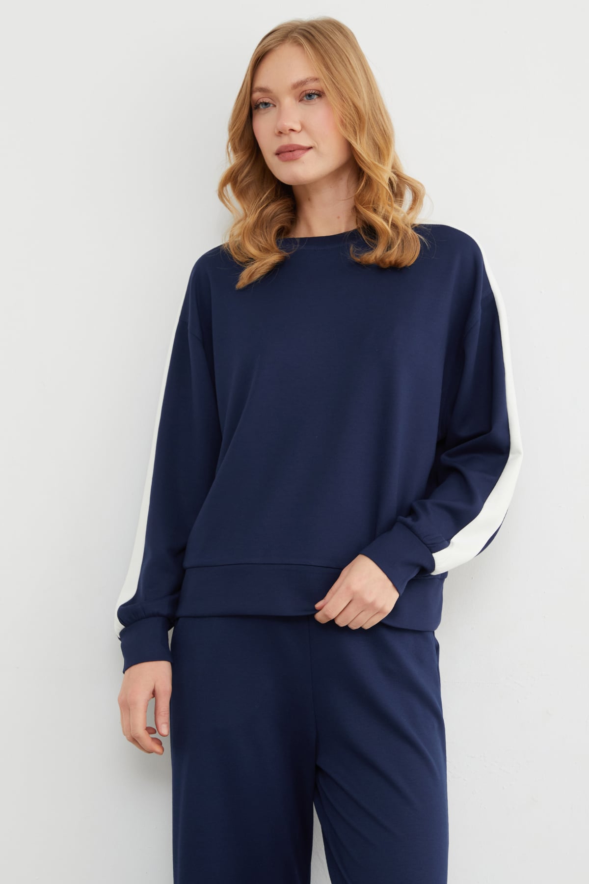 Kolu Şeritli Bisiklet Yaka Modal Sweatshirt 7