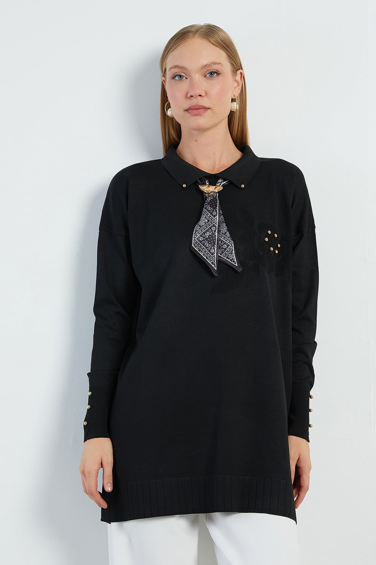 Fullamodest Fularlı Jakarlı Triko Tunik 2