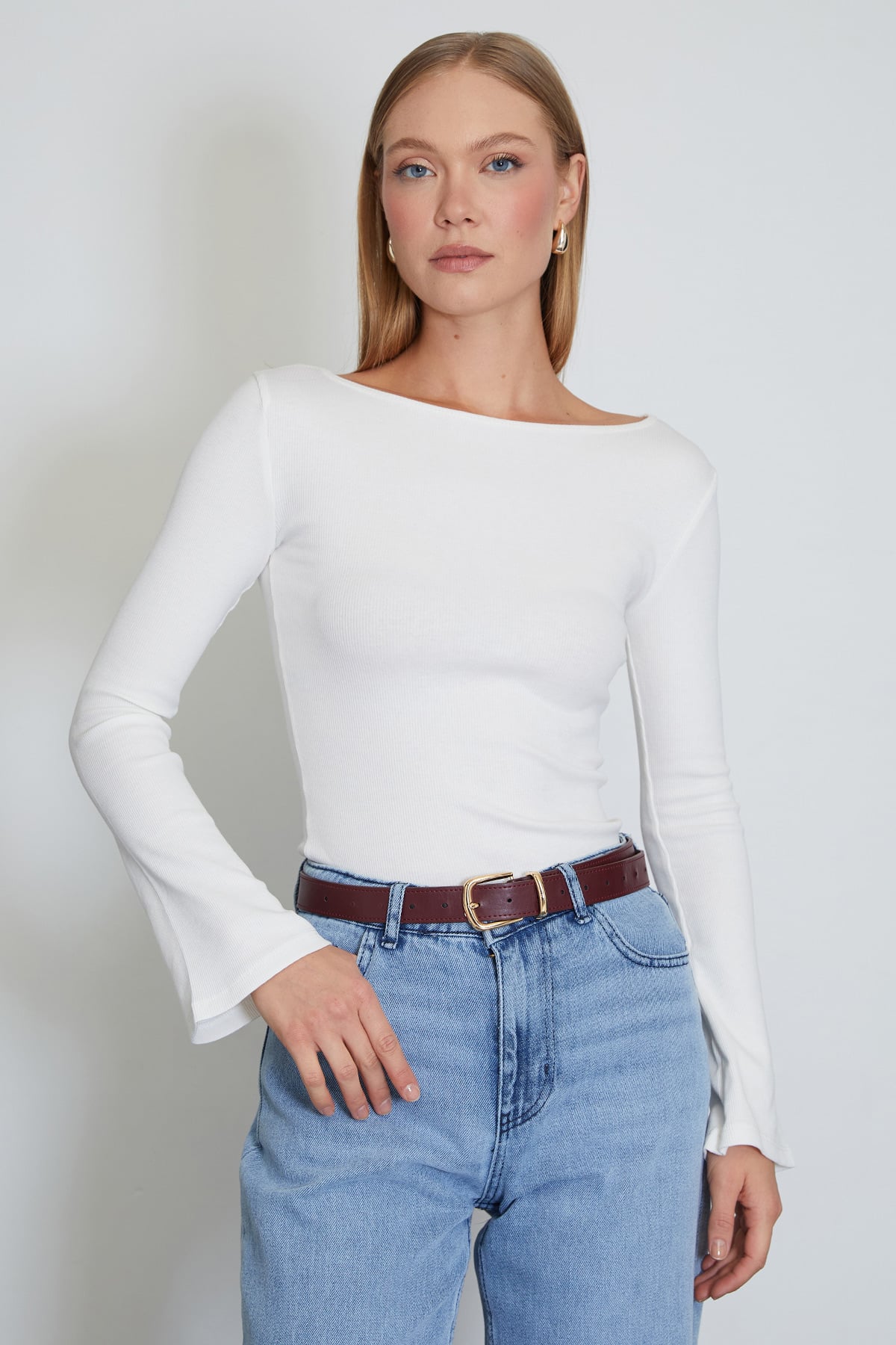 Fitilli Kayık Yaka Flare Kol Slim Fit Bluz 2