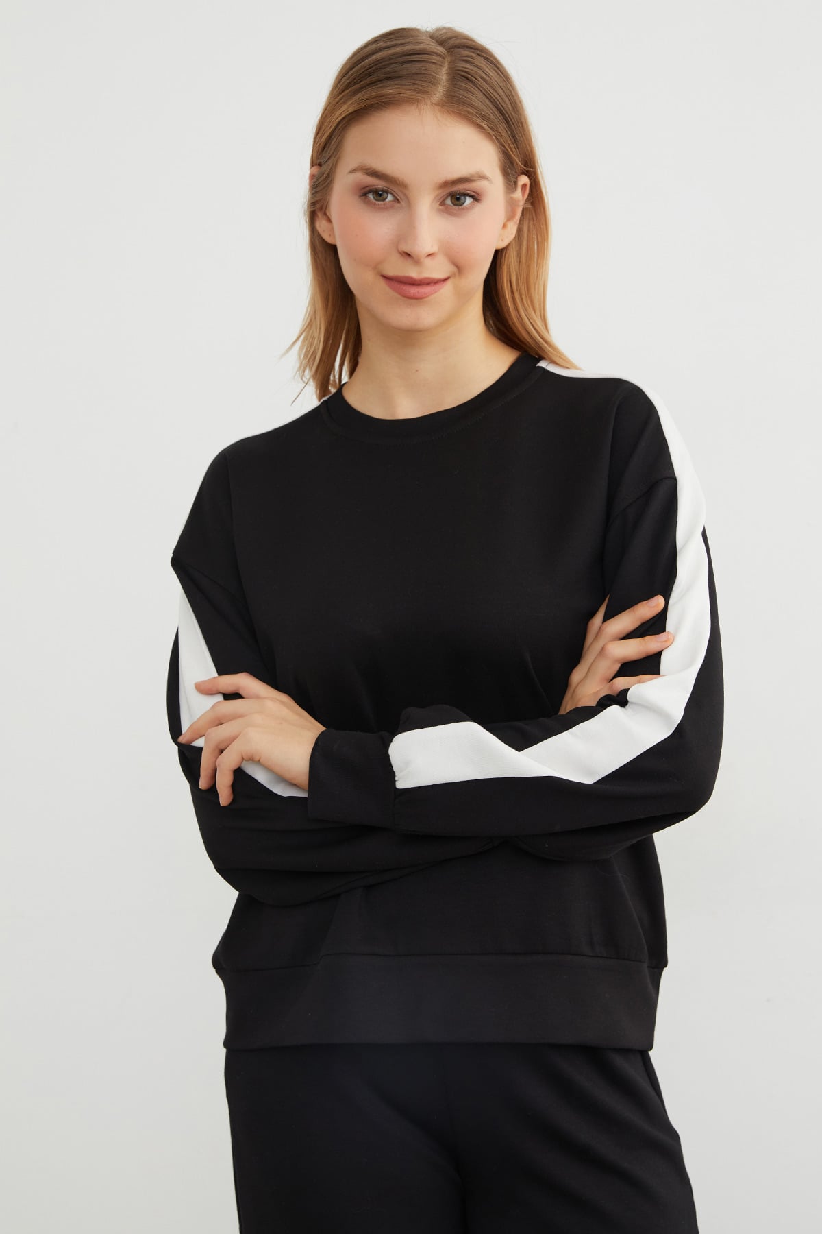 Kolu Şeritli Bisiklet Yaka Modal Sweatshirt 5