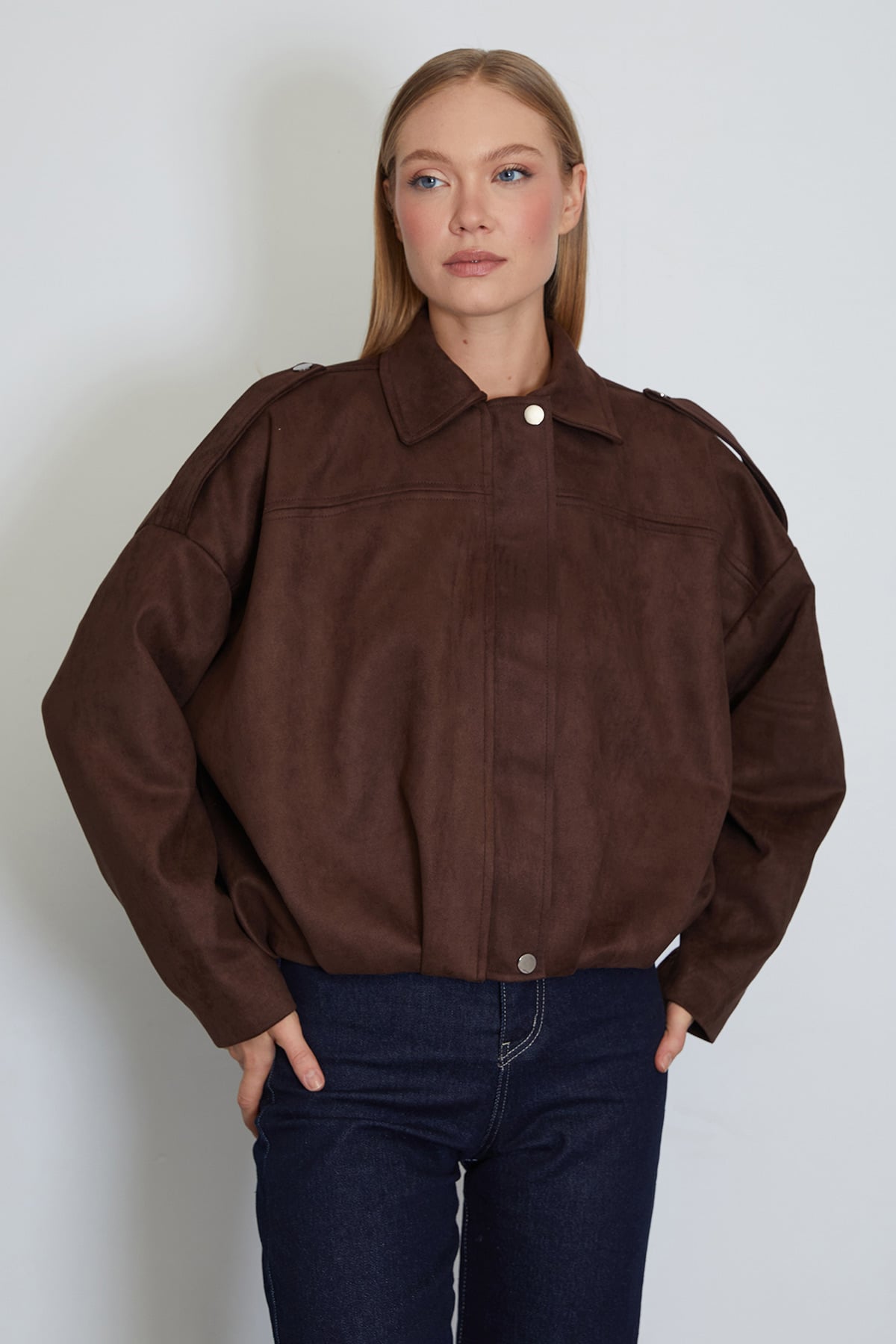 Fermuarlı Polo Yaka Süet Bomber Ceket 6