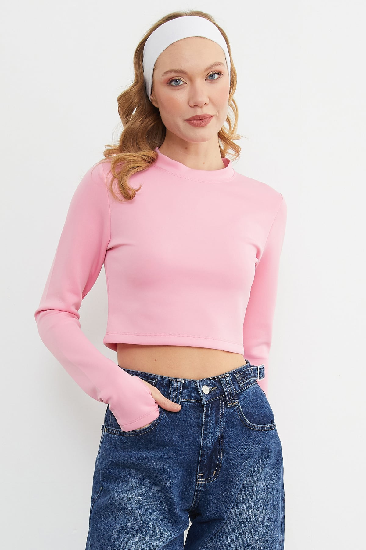 Basic Bisiklet Yaka Parmak Geçmeli Crop Bluz 3