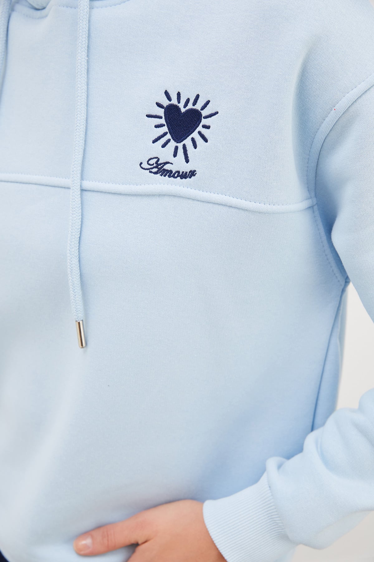 Erkek Siyah 3 İplik Kalp Nakışlı Kapüşonlu Stoperli Sweatshirt 3