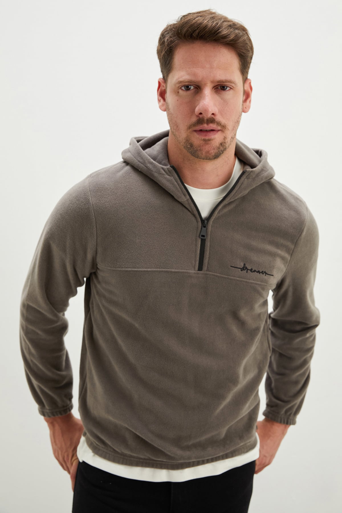 Yarım Fermuarlı Kapüşonlu Polar Sweatshirt