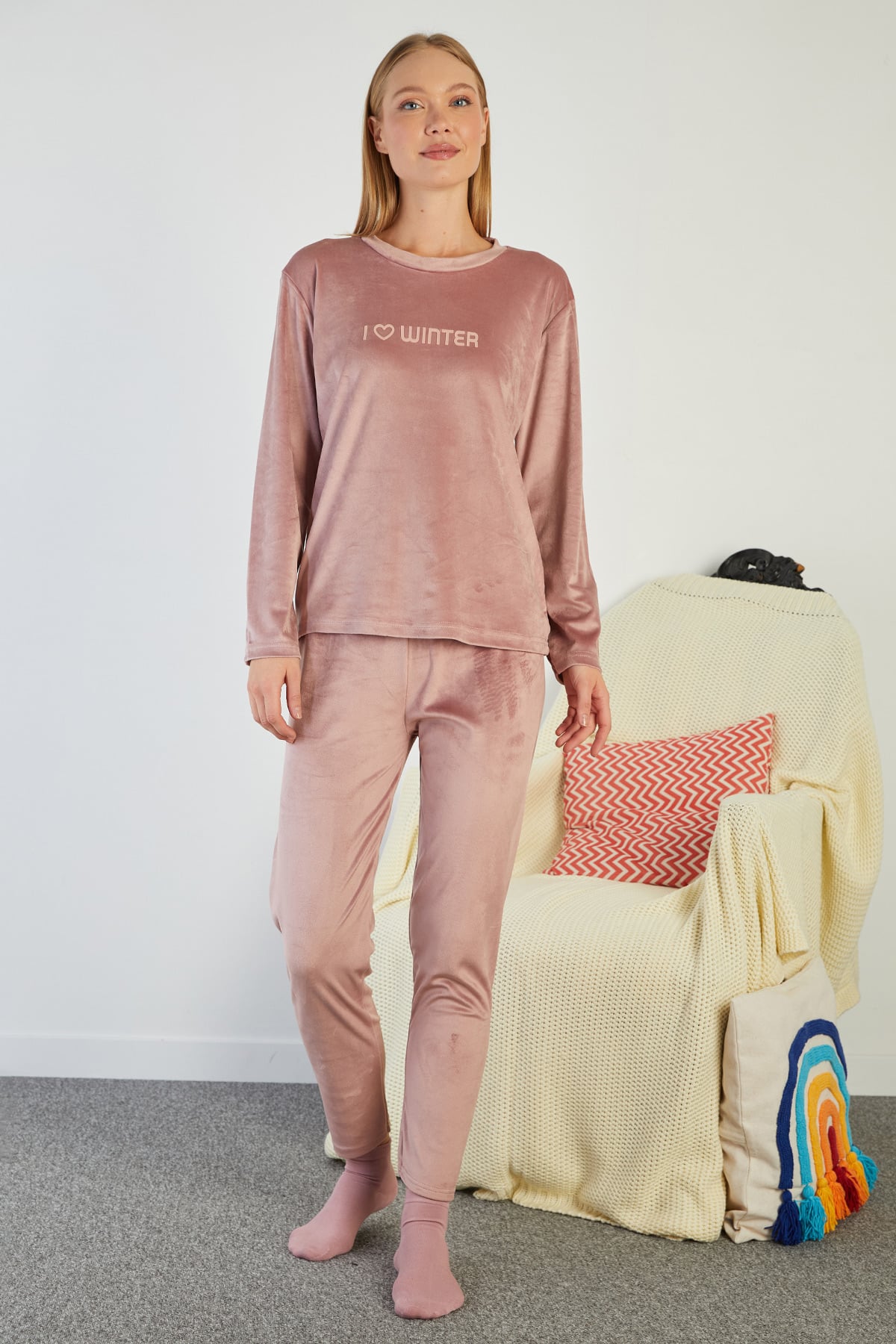 I Love Winter Kabartma Baskılı Kadife Pijama Takımı 5