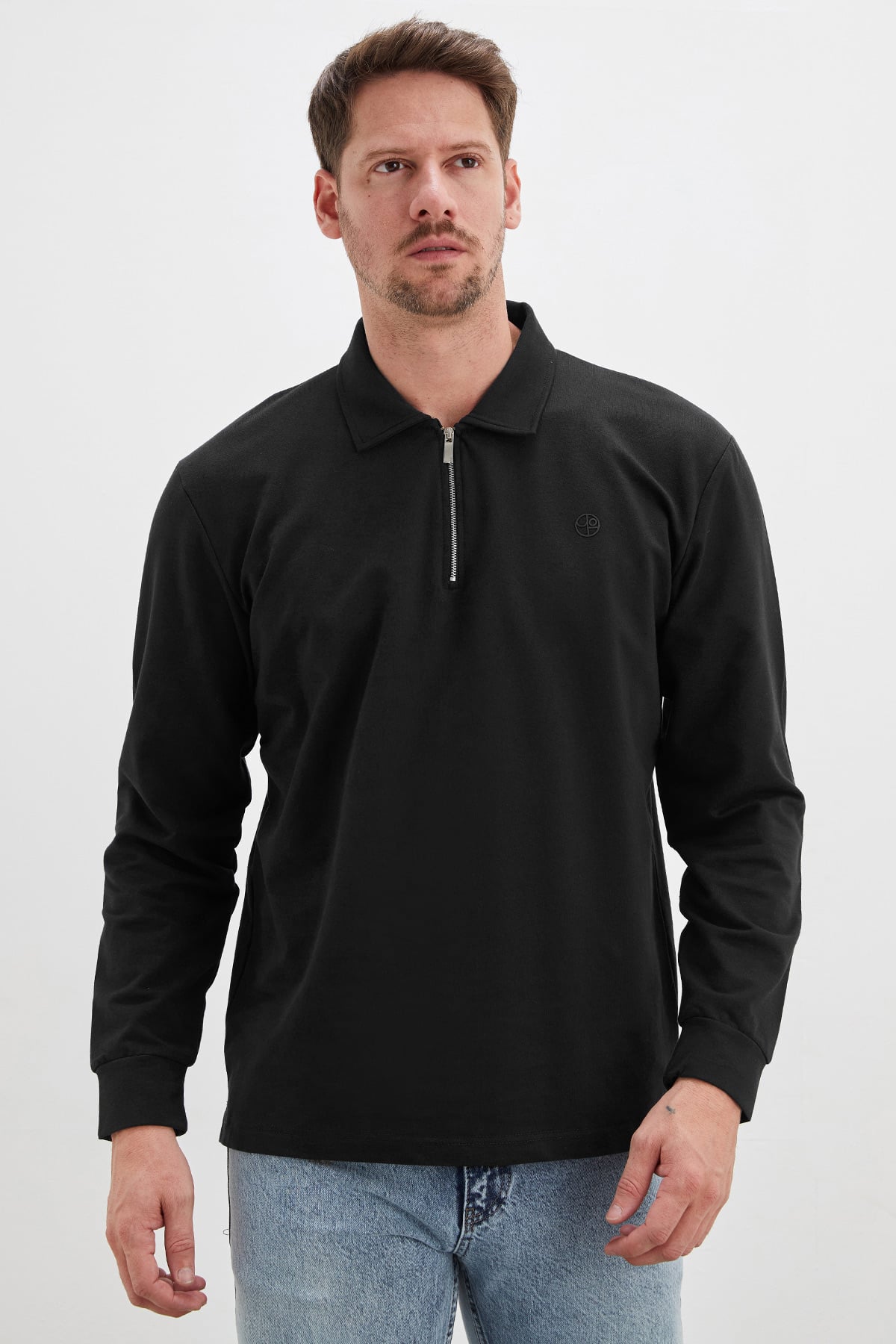 Erkek Siyah Baskılı Yarım Fermuarlı Polo Yaka Sweatshirt 4