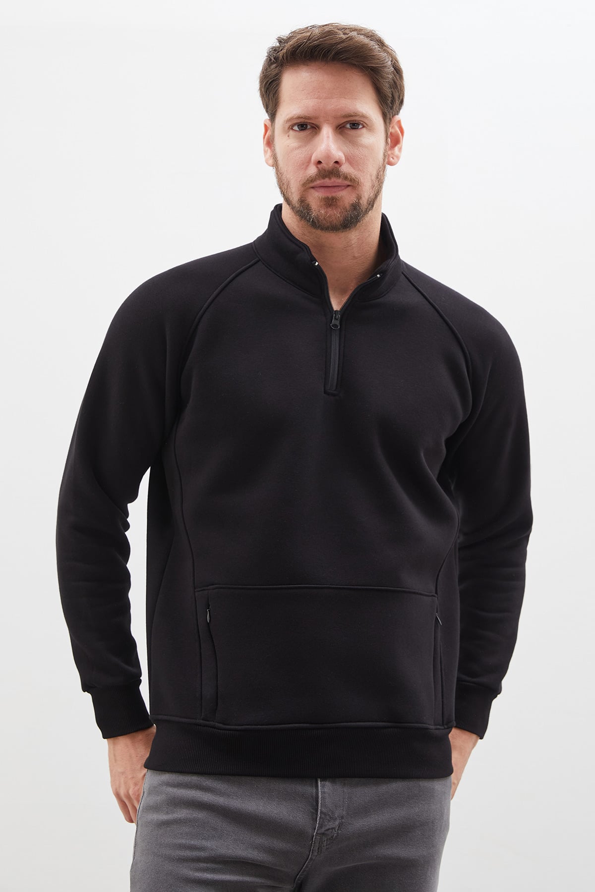 3 İplik Yarım Fermuarlı Dik Yaka Kanguru Cepli Sweatshirt 3