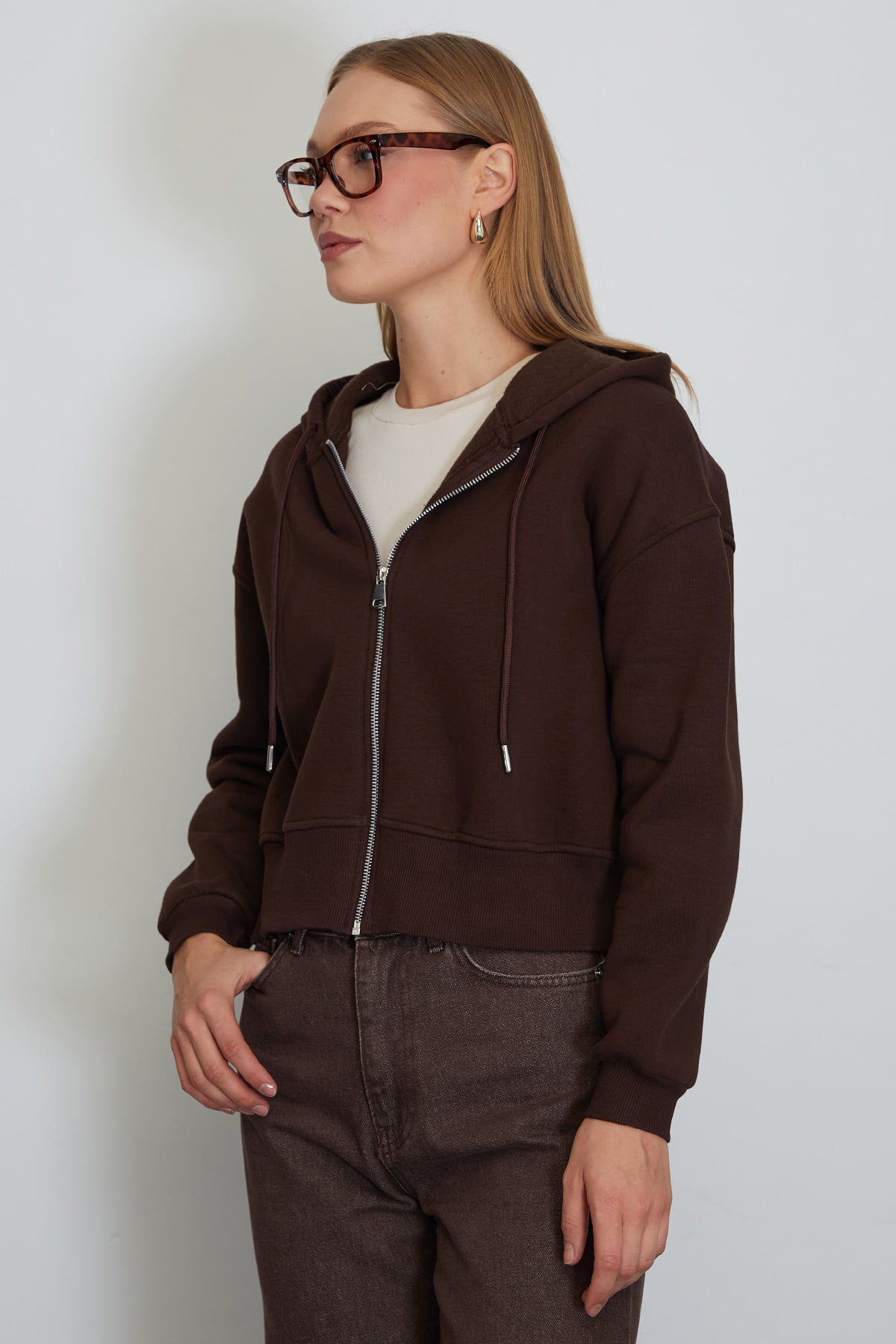3 İplik Basic Fermuarlı Kapüşonlu Sweatshirt 5