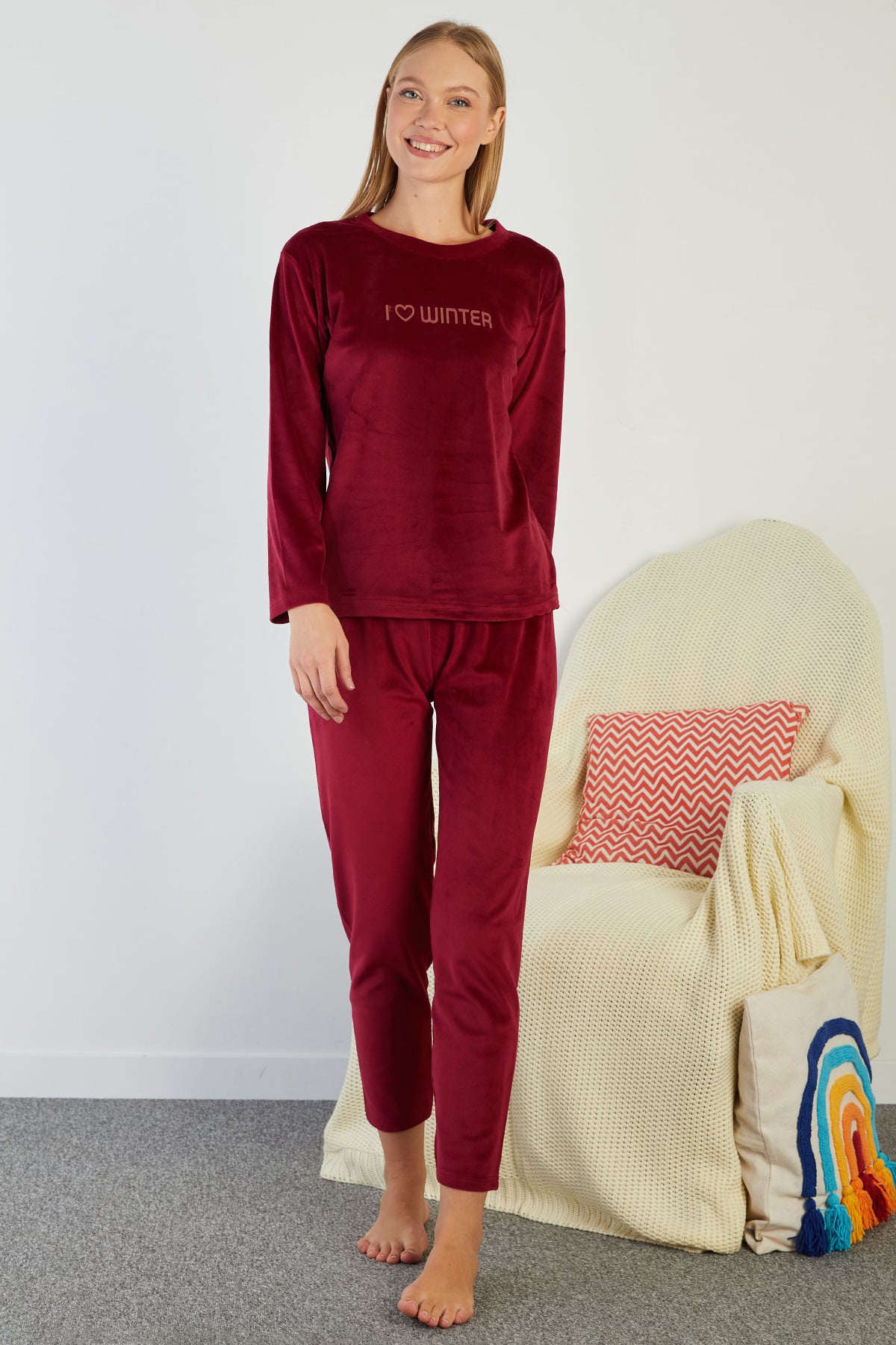 I Love Winter Kabartma Baskılı Kadife Pijama Takımı 5