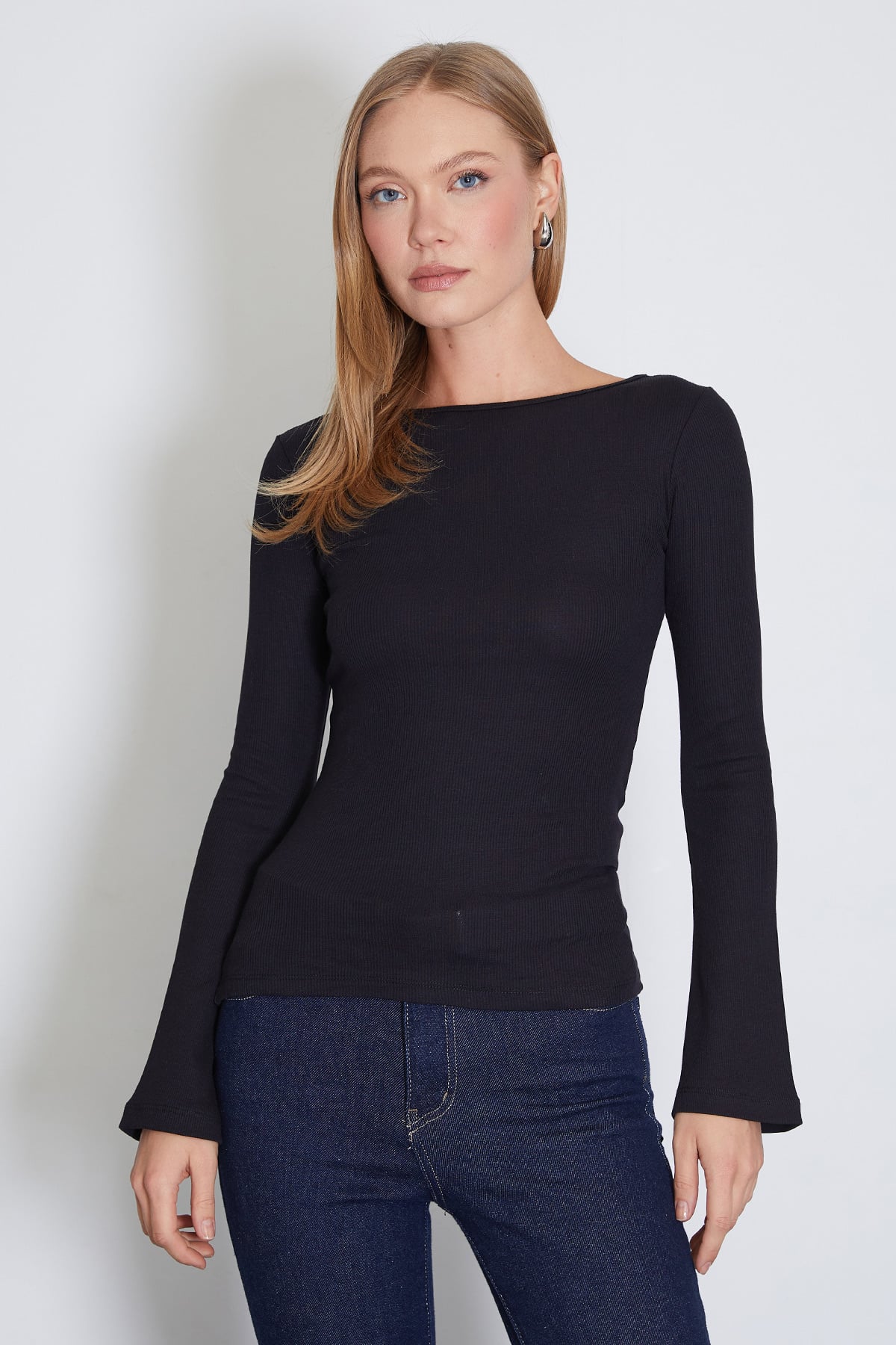 Kadın Fitilli Kayık Yaka Flare Kol Slim Fit Bluz 6