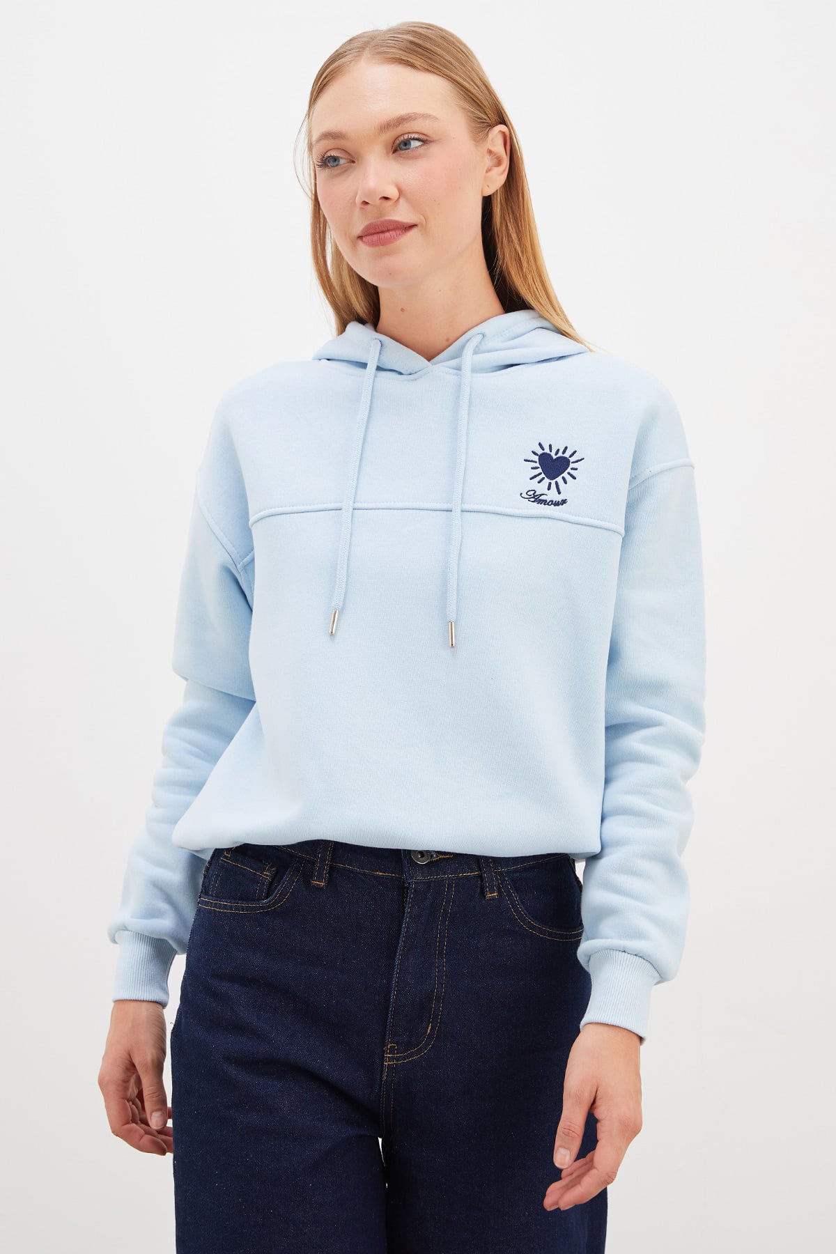 Erkek Siyah 3 İplik Kalp Nakışlı Kapüşonlu Stoperli Sweatshirt 6