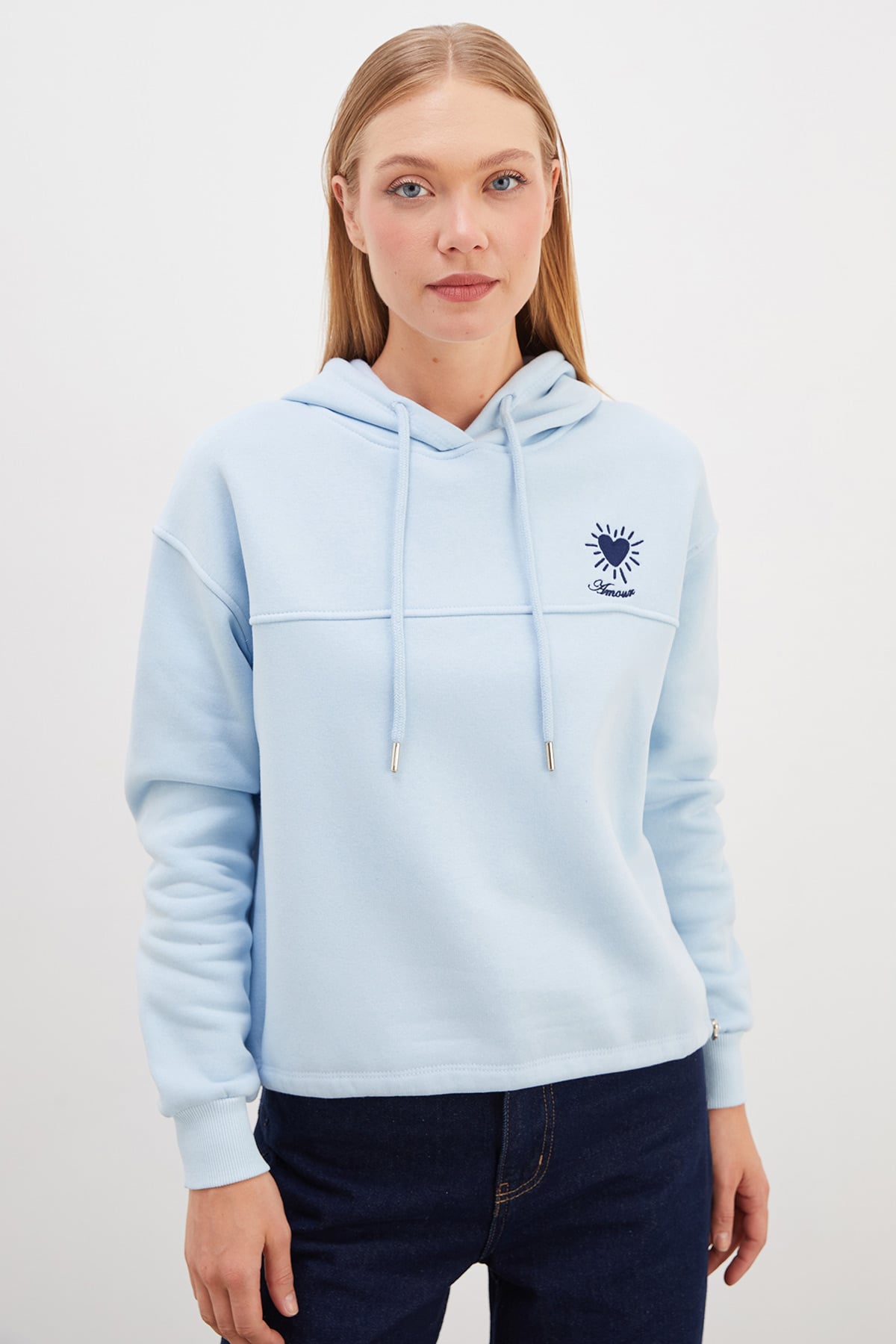 Erkek Siyah 3 İplik Kalp Nakışlı Kapüşonlu Stoperli Sweatshirt