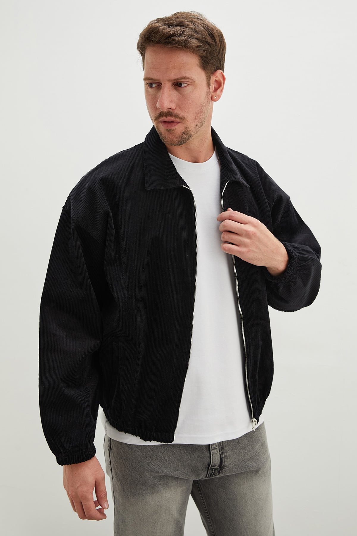 Fermuarlı Polo Yaka Kadife Bomber Ceket 2