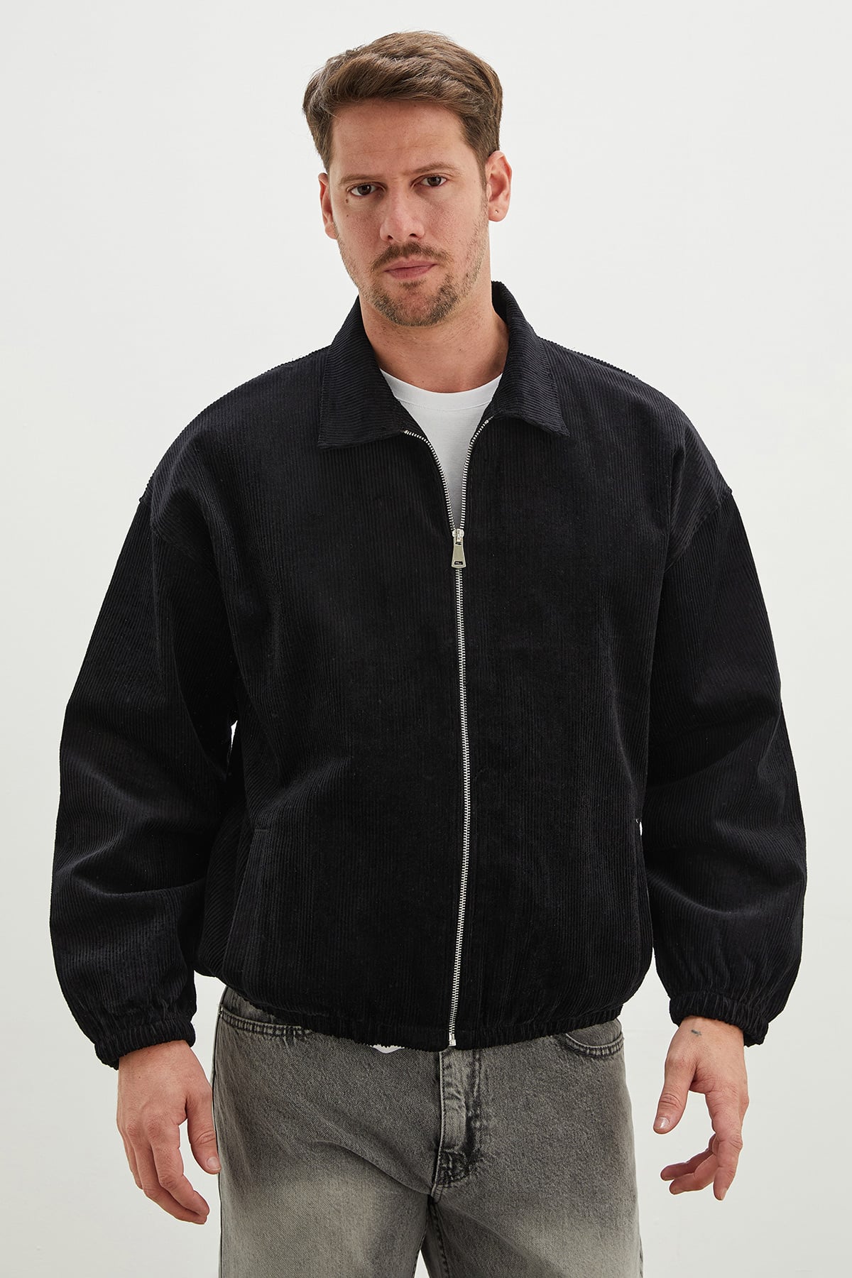 Fermuarlı Polo Yaka Kadife Bomber Ceket 5