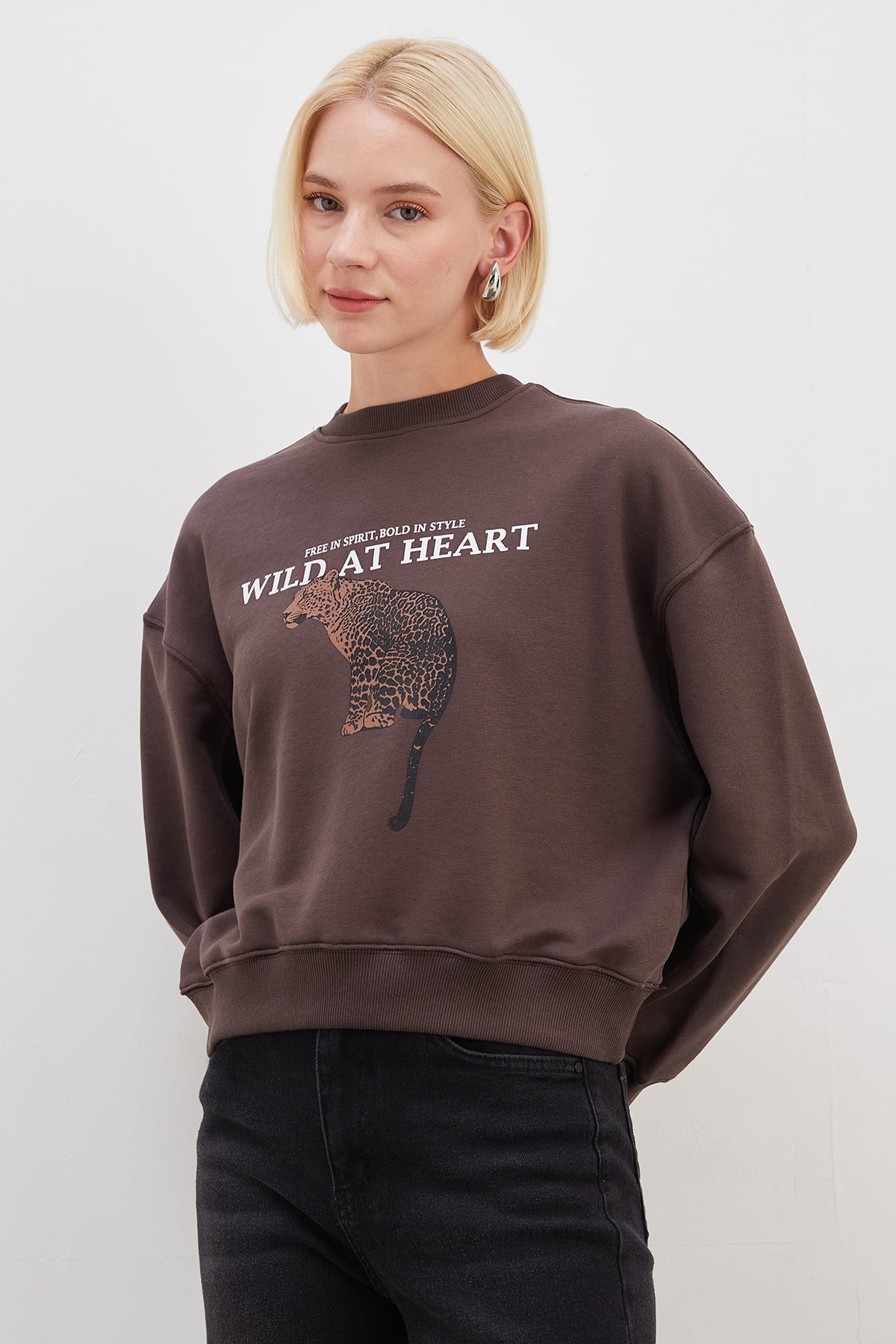 3 İplik Şardonsuz Kaplan Baskılı  Oversize Sweatshirt 6
