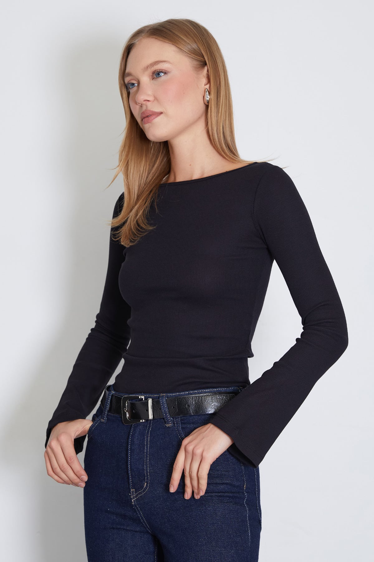Kadın Fitilli Kayık Yaka Flare Kol Slim Fit Bluz 5