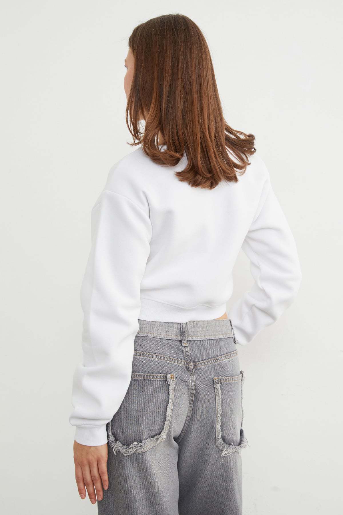 3 İplik Ayıcık Nakışlı Crop Sweatshirt 6