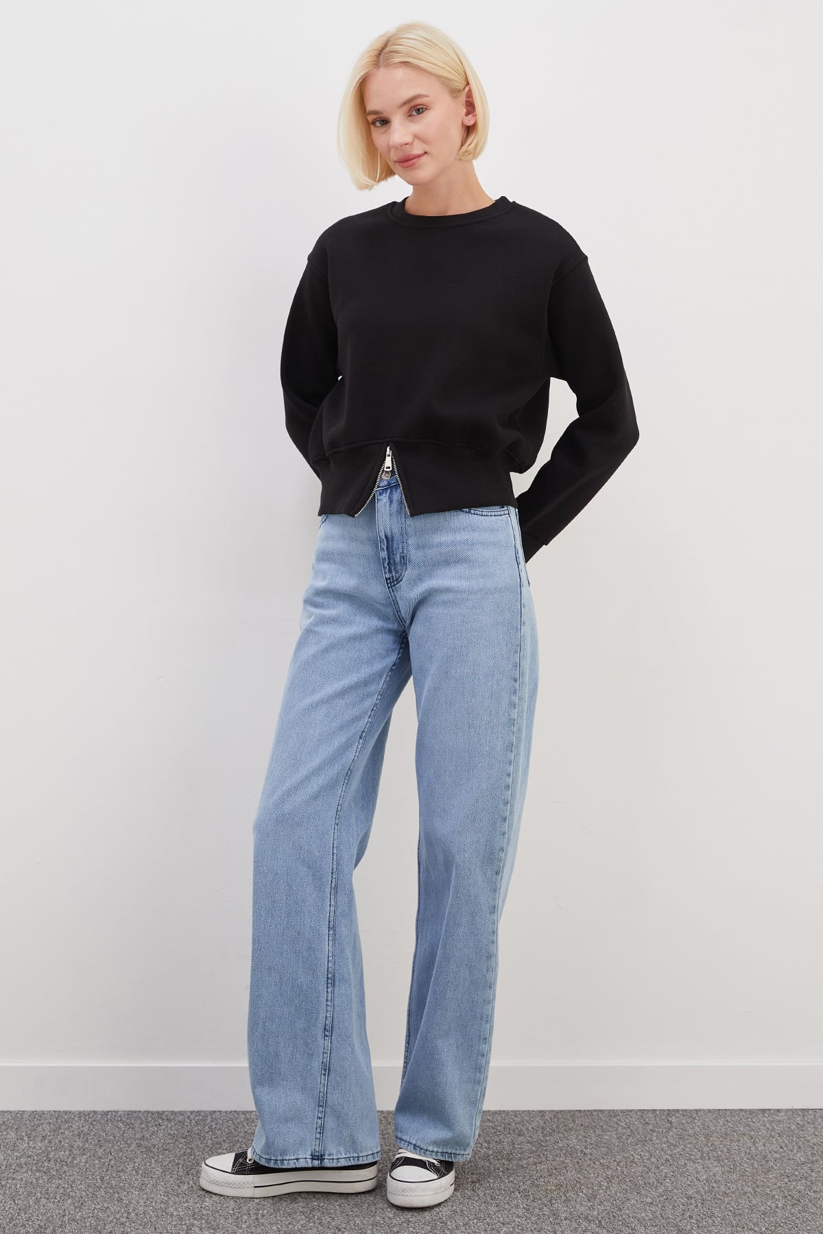 3 İplik Eteği Fermuarlı Bisiklet Yaka Crop Sweatshirt 2