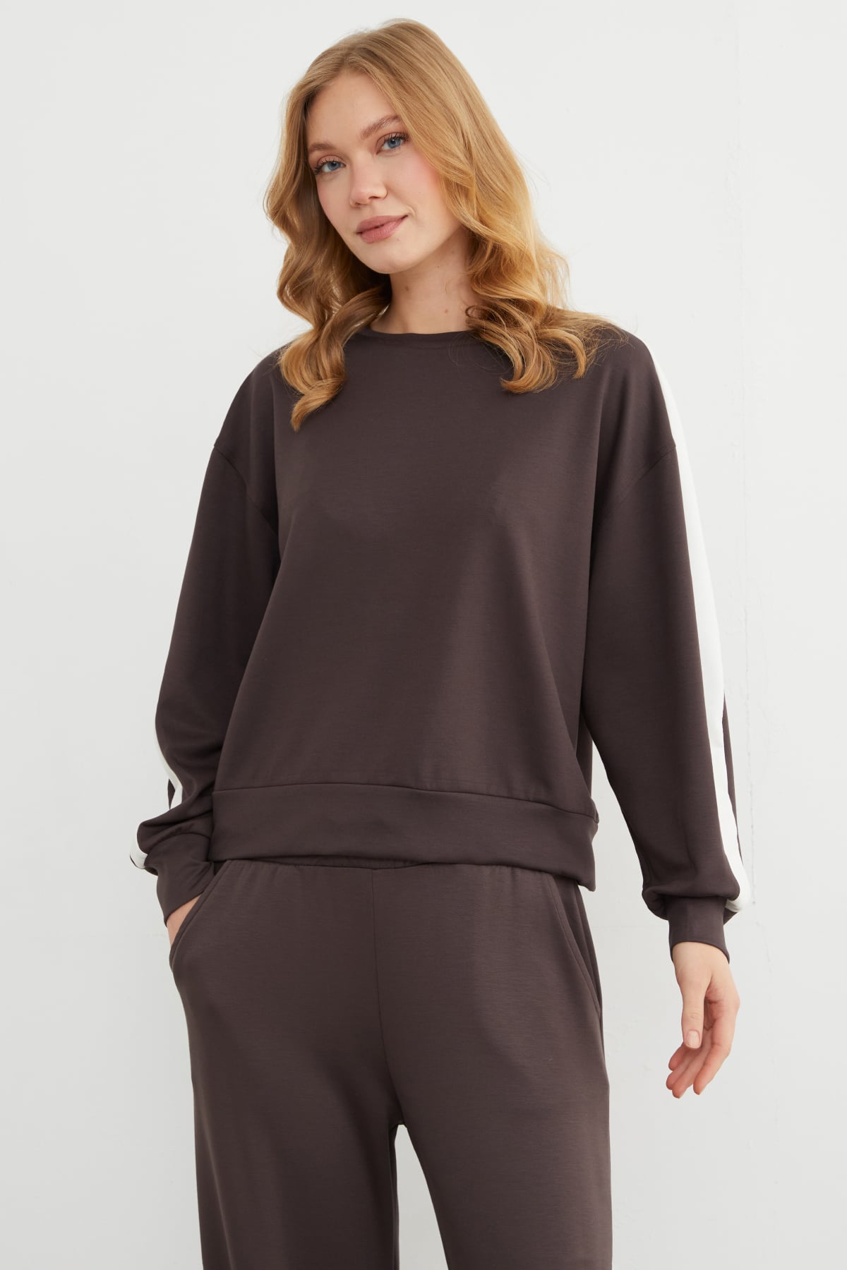 Kolu Şeritli Bisiklet Yaka Modal Sweatshirt 4