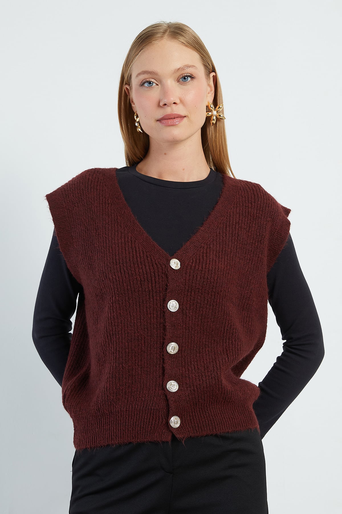 Sakallı Düğmeli V Yaka Oversize Yelek 6