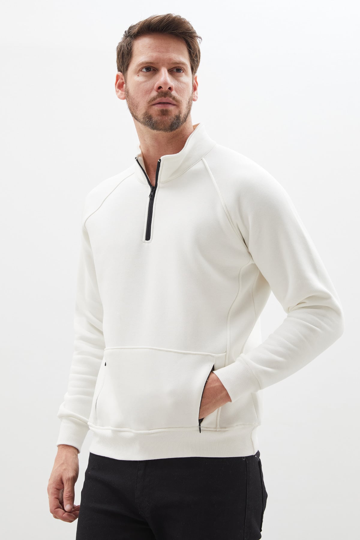 Erkek Antrasit 3 İplik Yarım Fermuarlı Dik Yaka Kanguru Cepli Sweatshirt 6