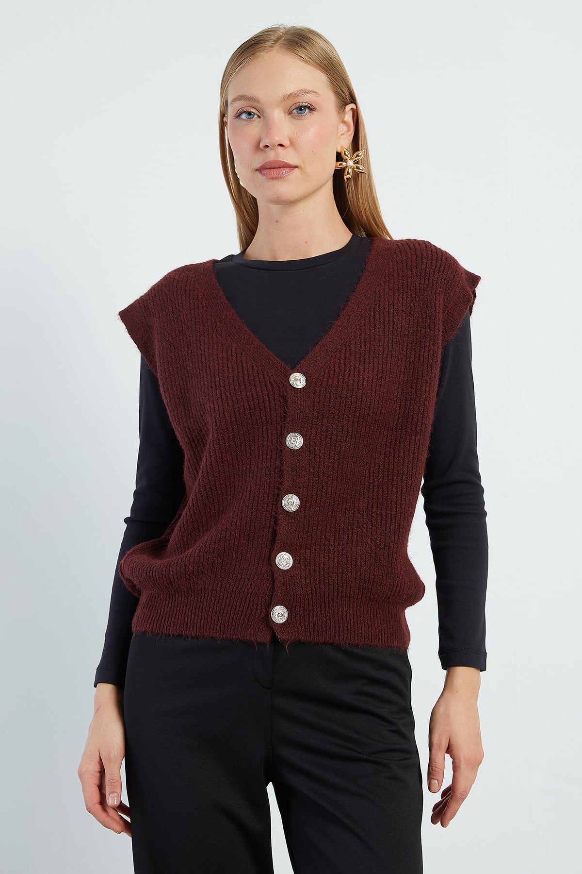 Sakallı Düğmeli V Yaka Oversize Yelek 4