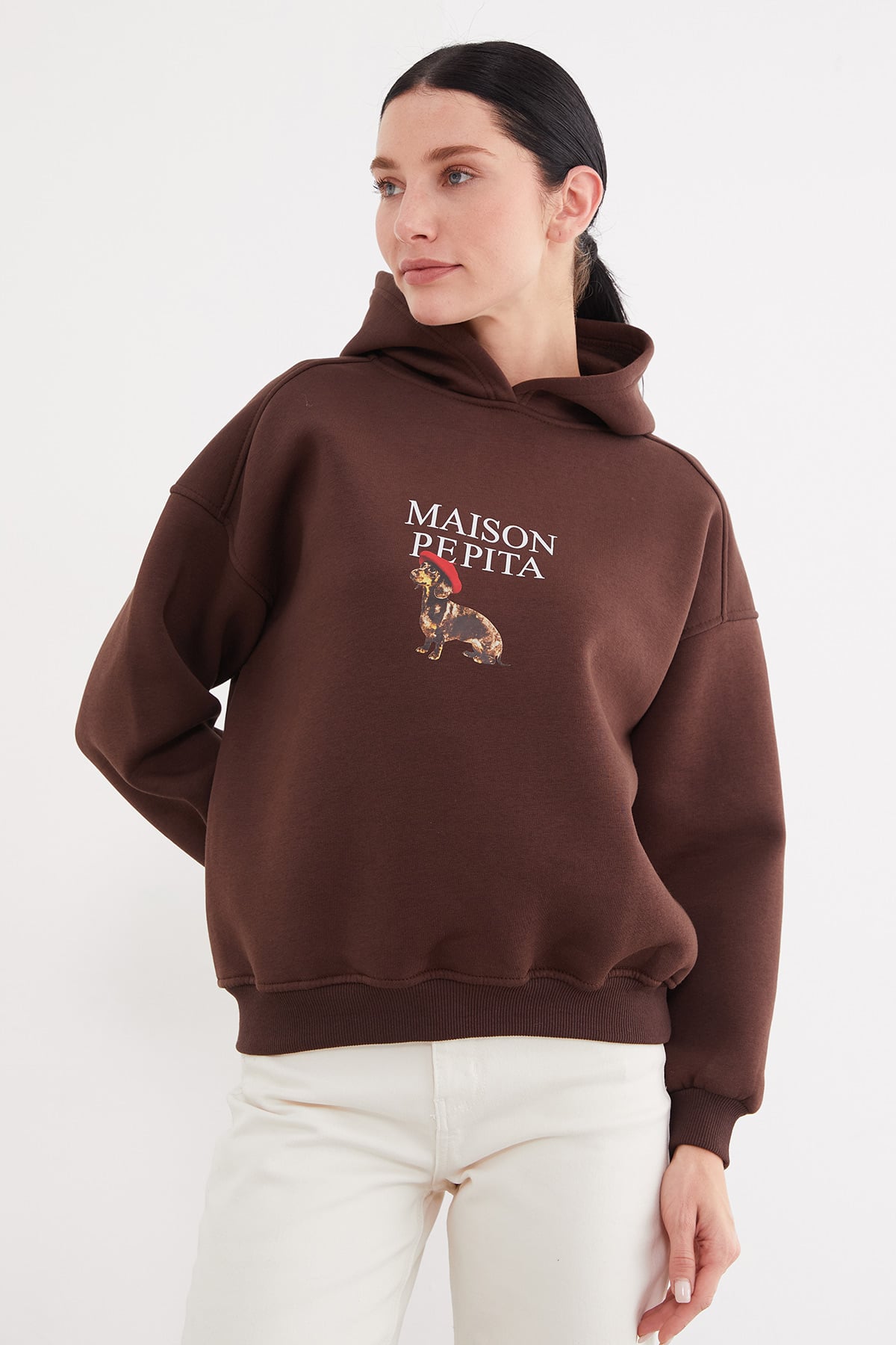 3 İplik Köpek Baskılı Kapüşonlu Oversize Sweatshirt