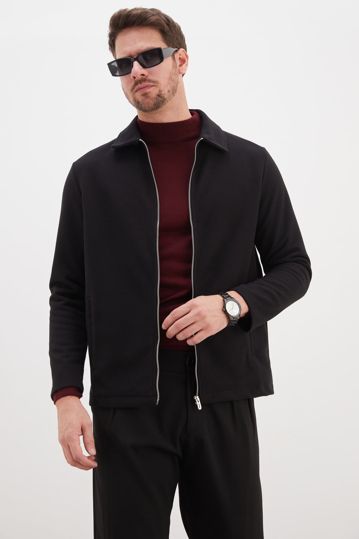 Fermuarlı Polo Yaka Regular Kaşe Ceket 2