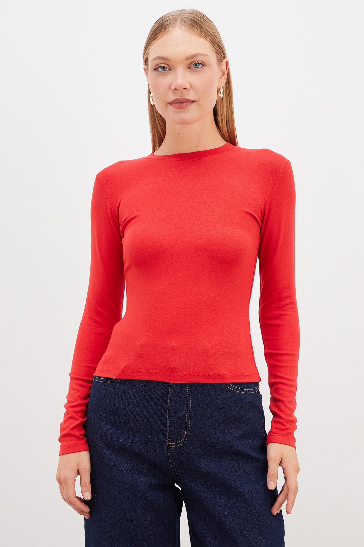 Basic Bisiklet Yaka Slim Fit Crop Bluz 2