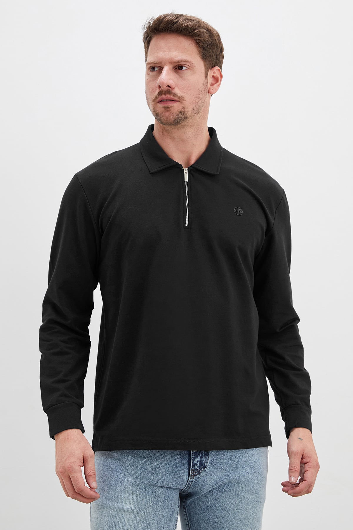 Erkek Siyah Baskılı Yarım Fermuarlı Polo Yaka Sweatshirt 3