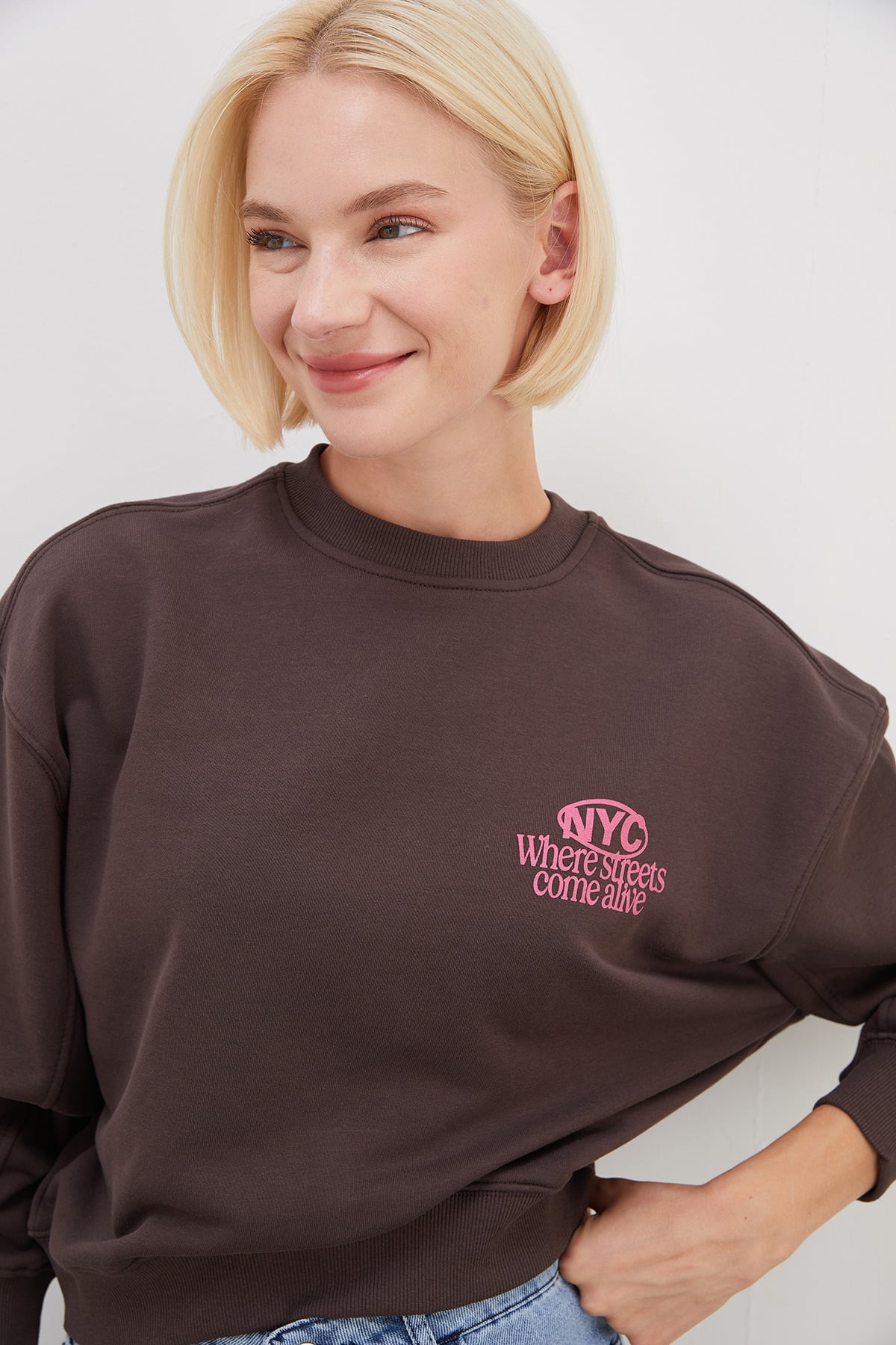 3 İplik Şardonsuz Nyc Baskılı Kolu Çimalı Sweatshirt