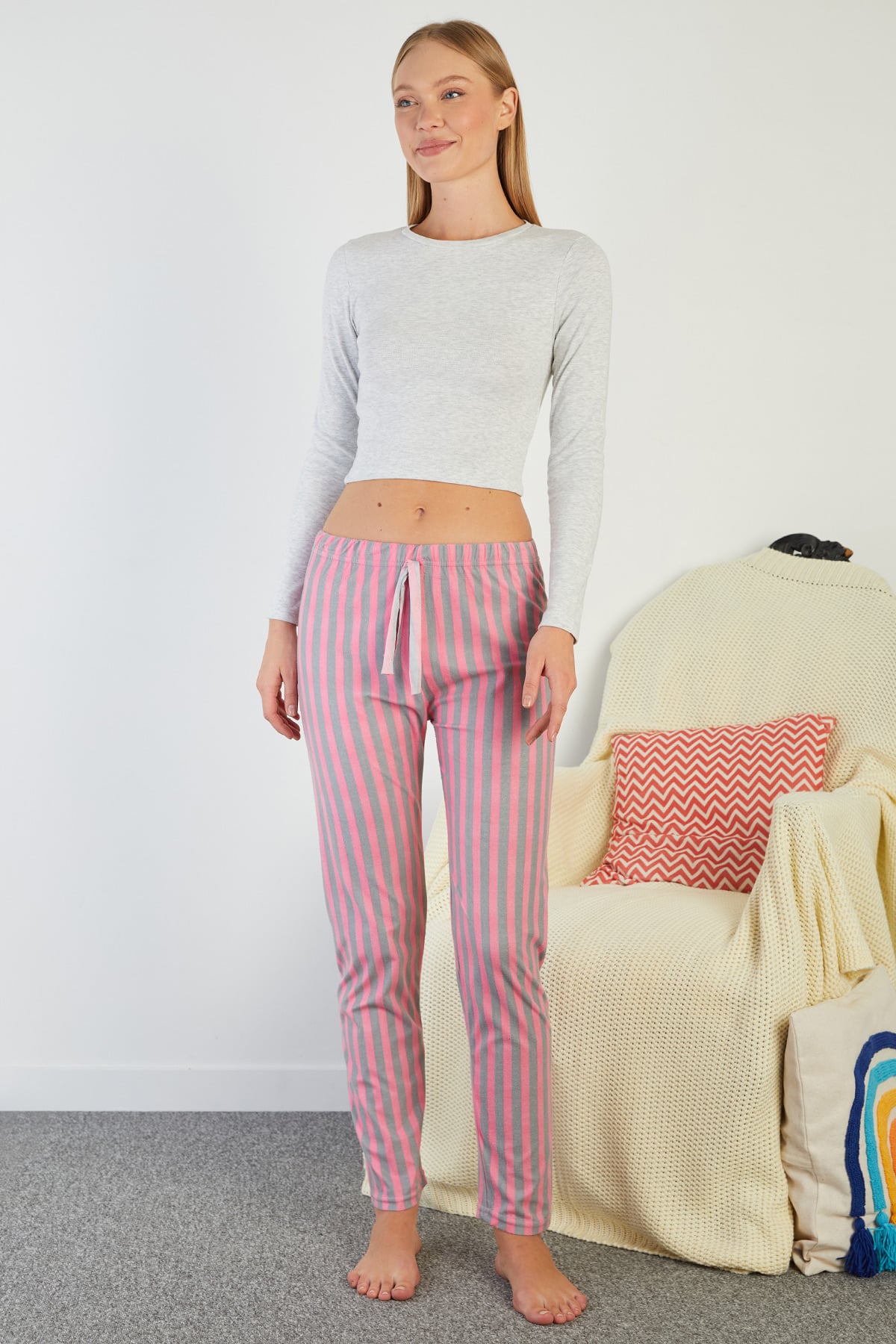 Çizgili Beli Lastikli Süet Pijama Altı 2