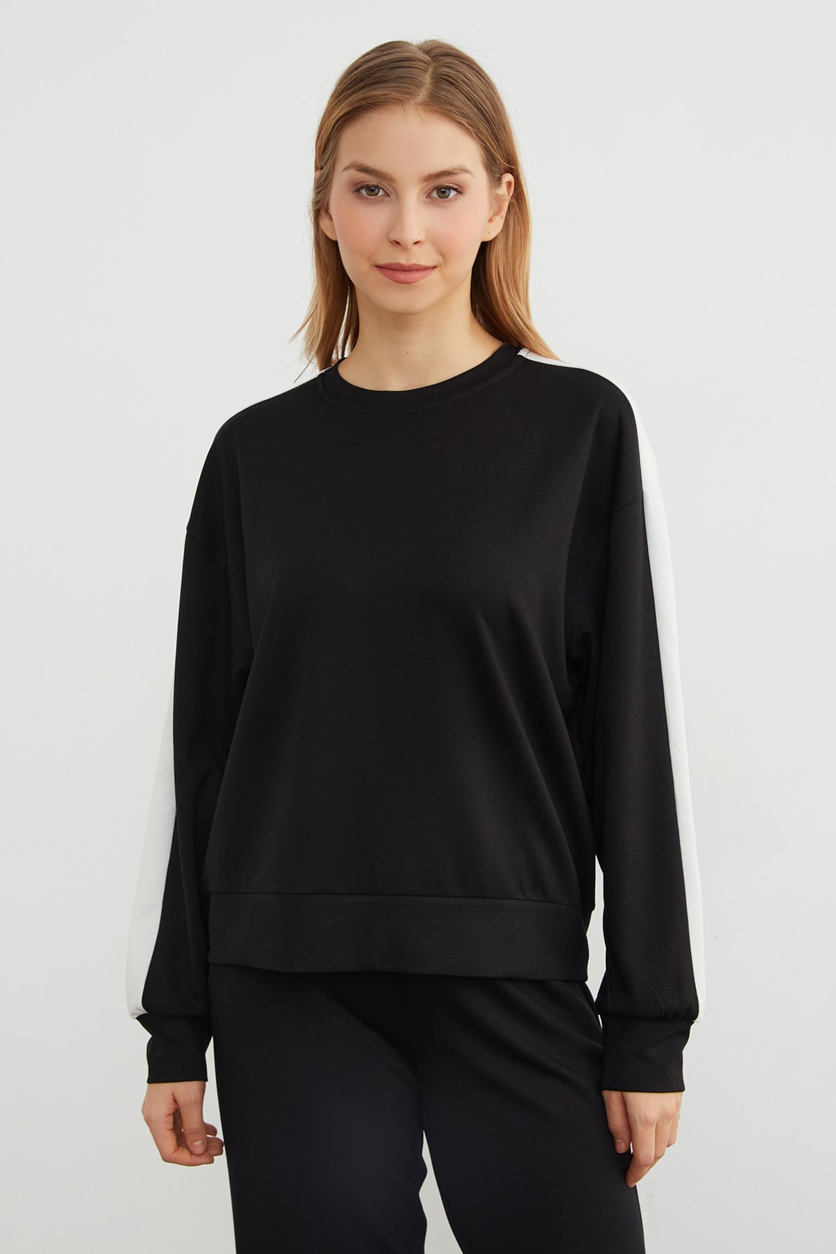 Kolu Şeritli Bisiklet Yaka Modal Sweatshirt 4