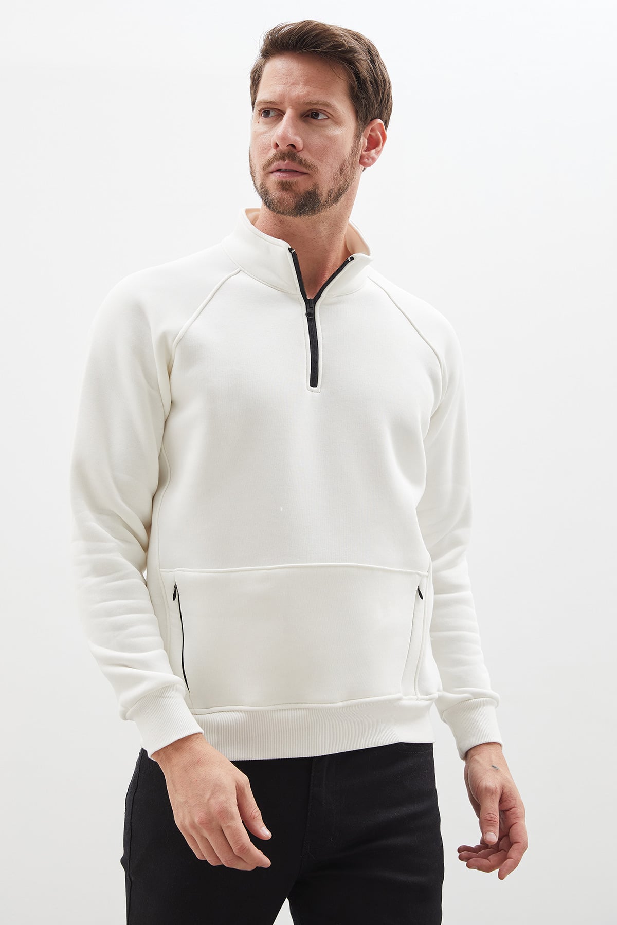 Erkek Antrasit 3 İplik Yarım Fermuarlı Dik Yaka Kanguru Cepli Sweatshirt 4
