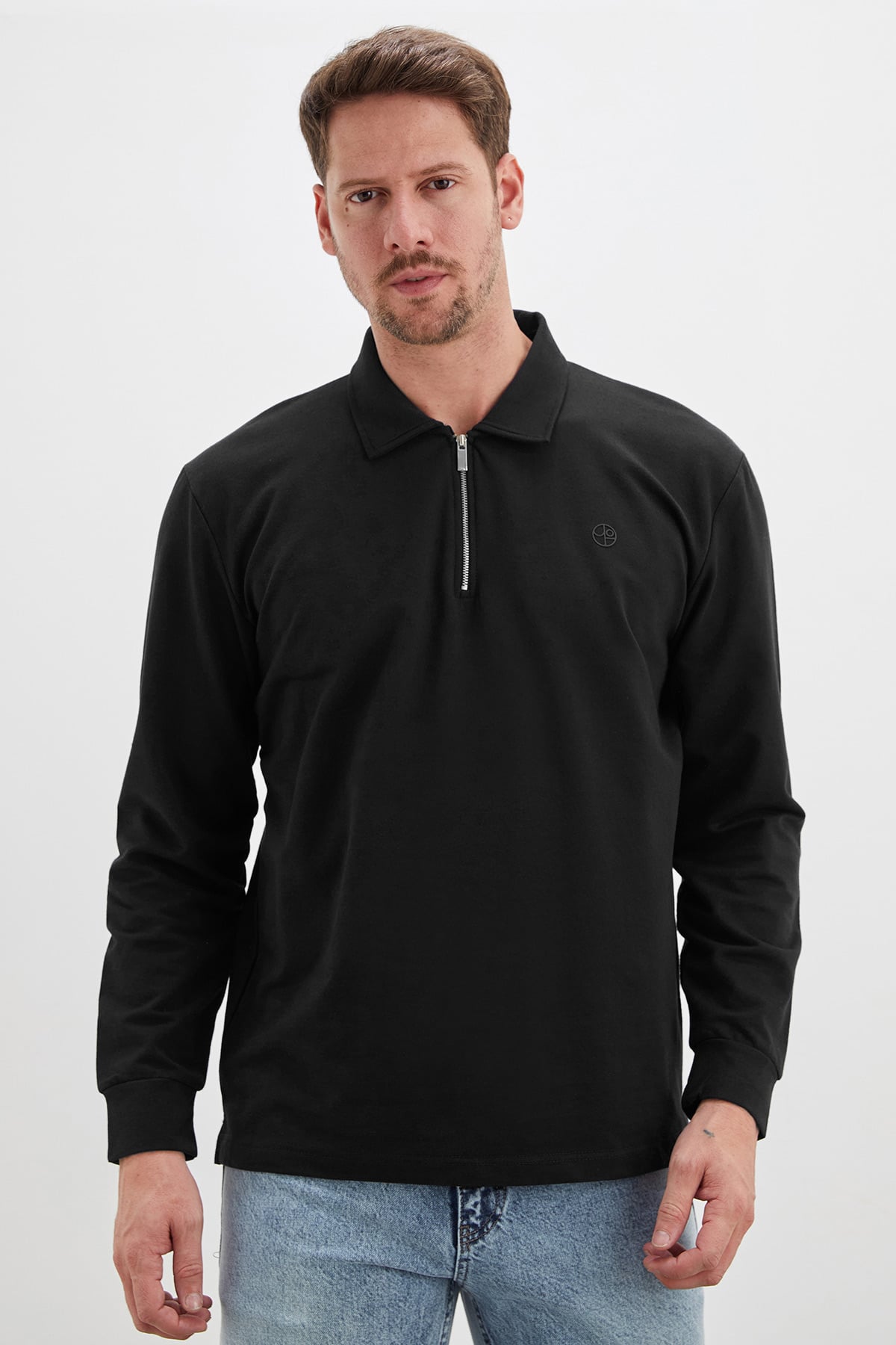 Erkek Siyah Baskılı Yarım Fermuarlı Polo Yaka Sweatshirt 2