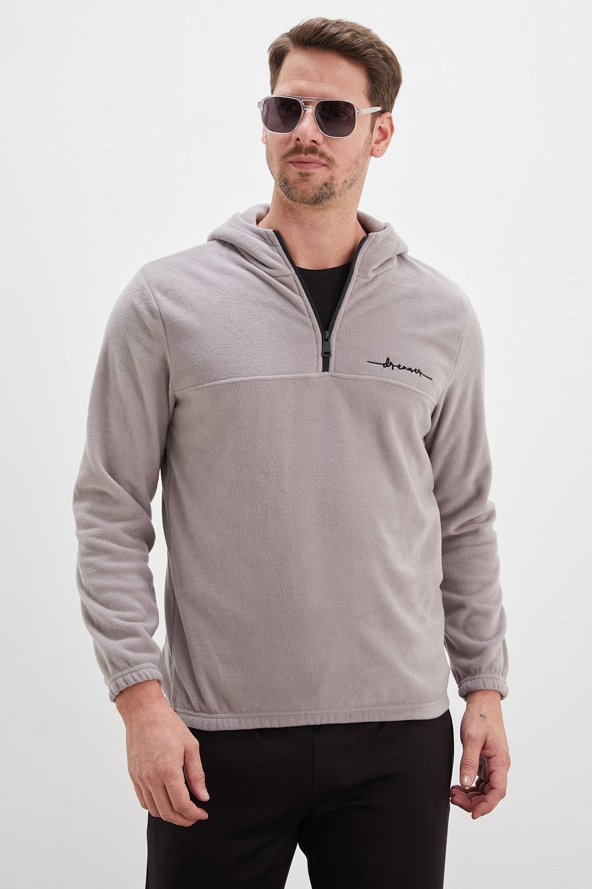 Yarım Fermuarlı Kapüşonlu Polar Sweatshirt