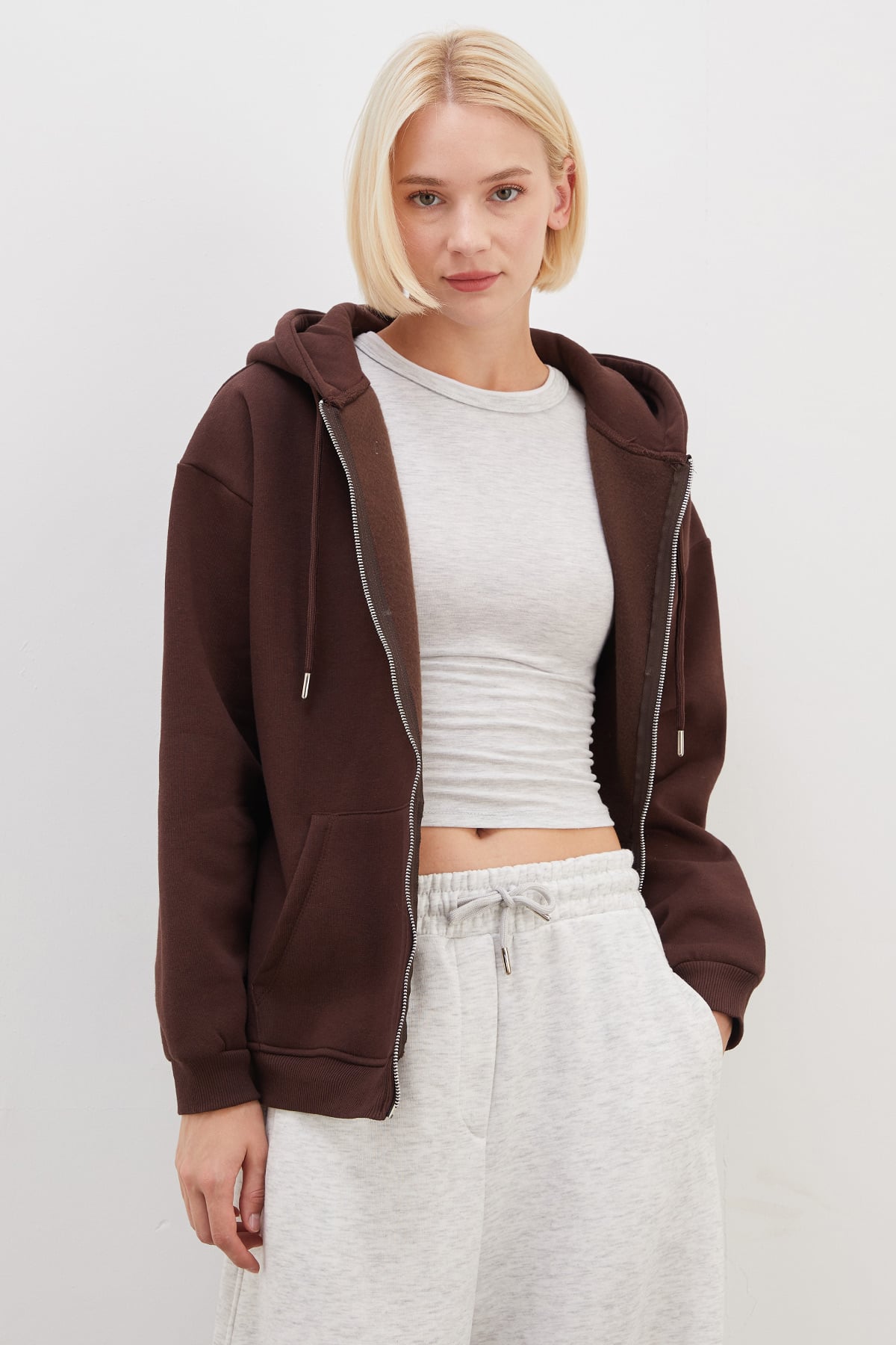 3 İplik Basic Fermuarlı Kapüşonlu Oversize Sweatshirt 4