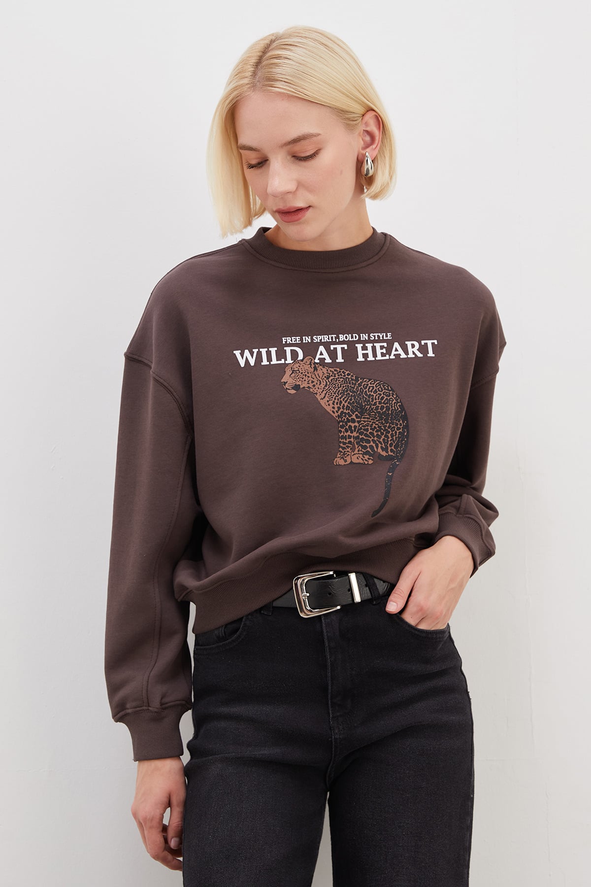 3 İplik Şardonsuz Kaplan Baskılı  Oversize Sweatshirt 2