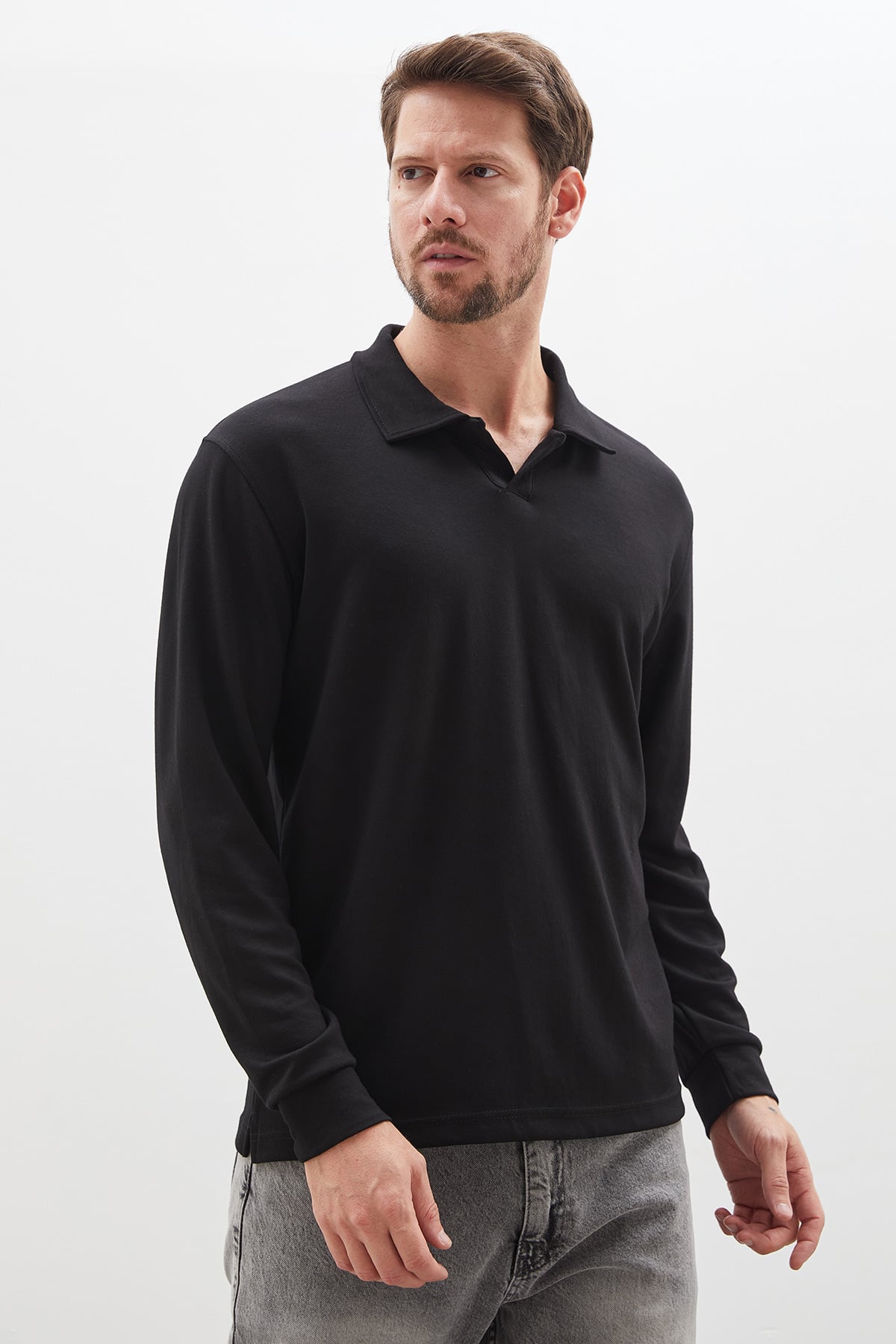 Erkek Basic Apaş Yaka Modal Sweatshirt Rahat Kalıp Günlük 5