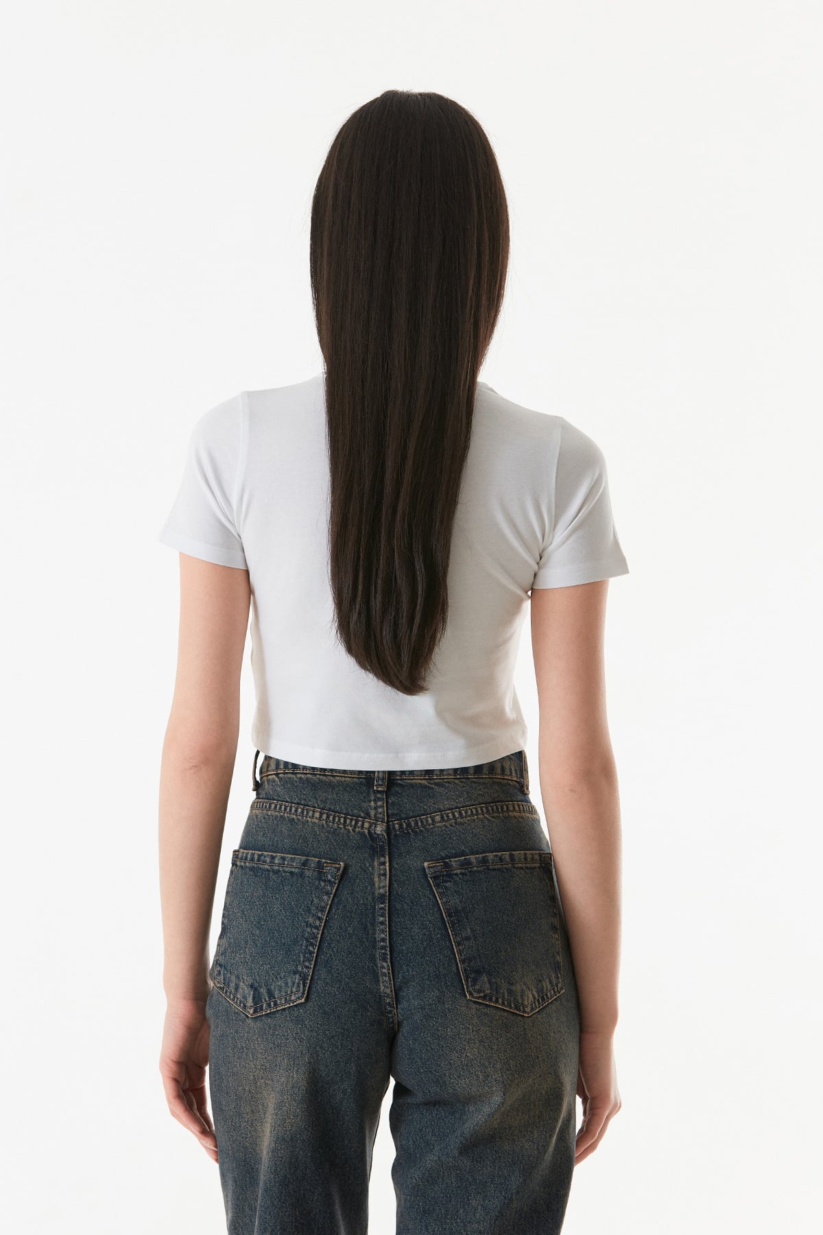 Basic Bisiklet Yaka Crop Tişört 7